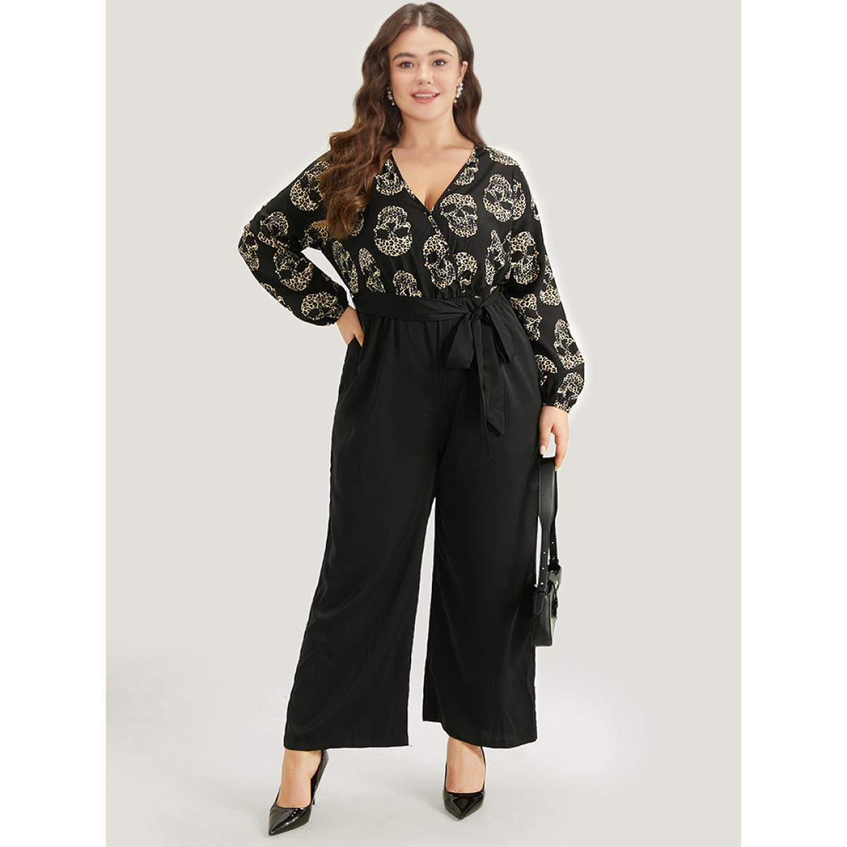Plus Size BlackFlower Halloween Skull Print Pocket Elastic Waist Belted Jumpsuit Women Office Long Sleeve V-neck Festival-Halloween Loose Jumpsuits BloomChic 18-20/2X Product Image