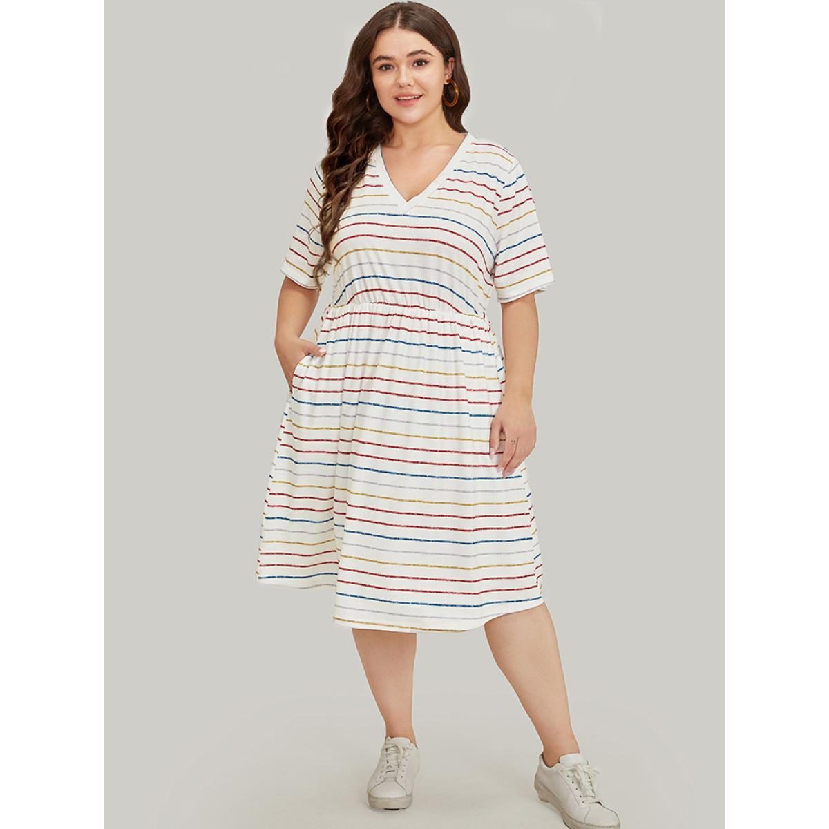 Plus Size Rainbow Striped V Neck Pocket Contrast Midi Dress Multicolor Women Casual Lined V-neck Short sleeve Curvy Midi Dress BloomChic 28/5X Product Image