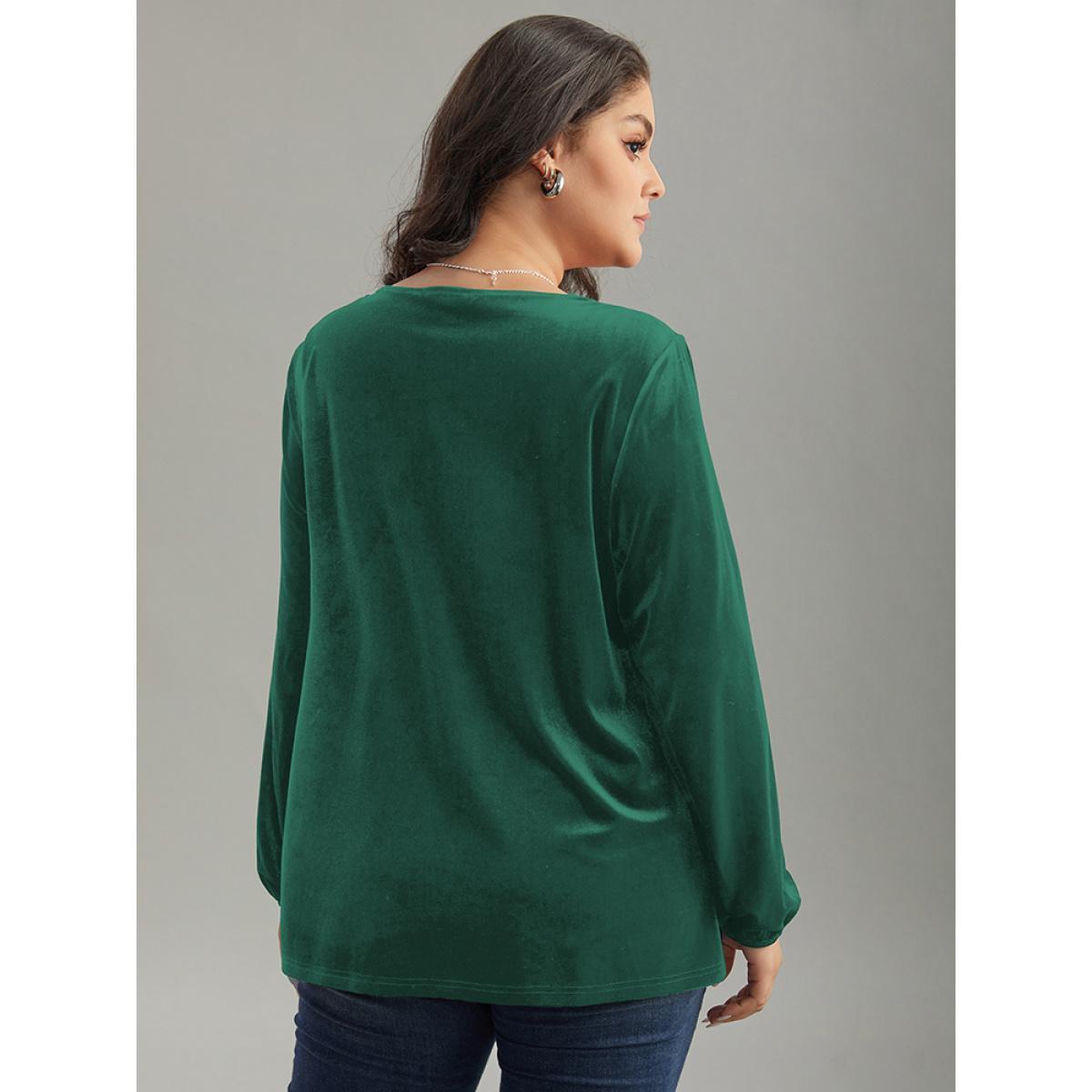 Plus Size ArmyGreen Velvet Metal Button Detail Blouse Women Elegant Long Sleeve Square Neck Dailywear Blouses BloomChic 18-20/2X Product Image
