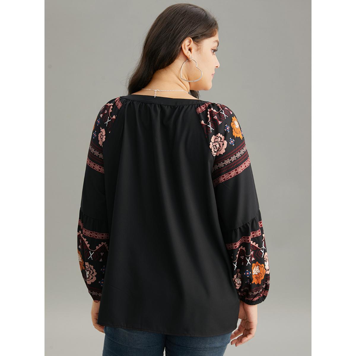 Plus Size Black Boho Print Tie Neck Tassel Trim Blouse Women Vacation Long Sleeve Tie Neck Dailywear Blouses BloomChic 18-20/2X Product Image