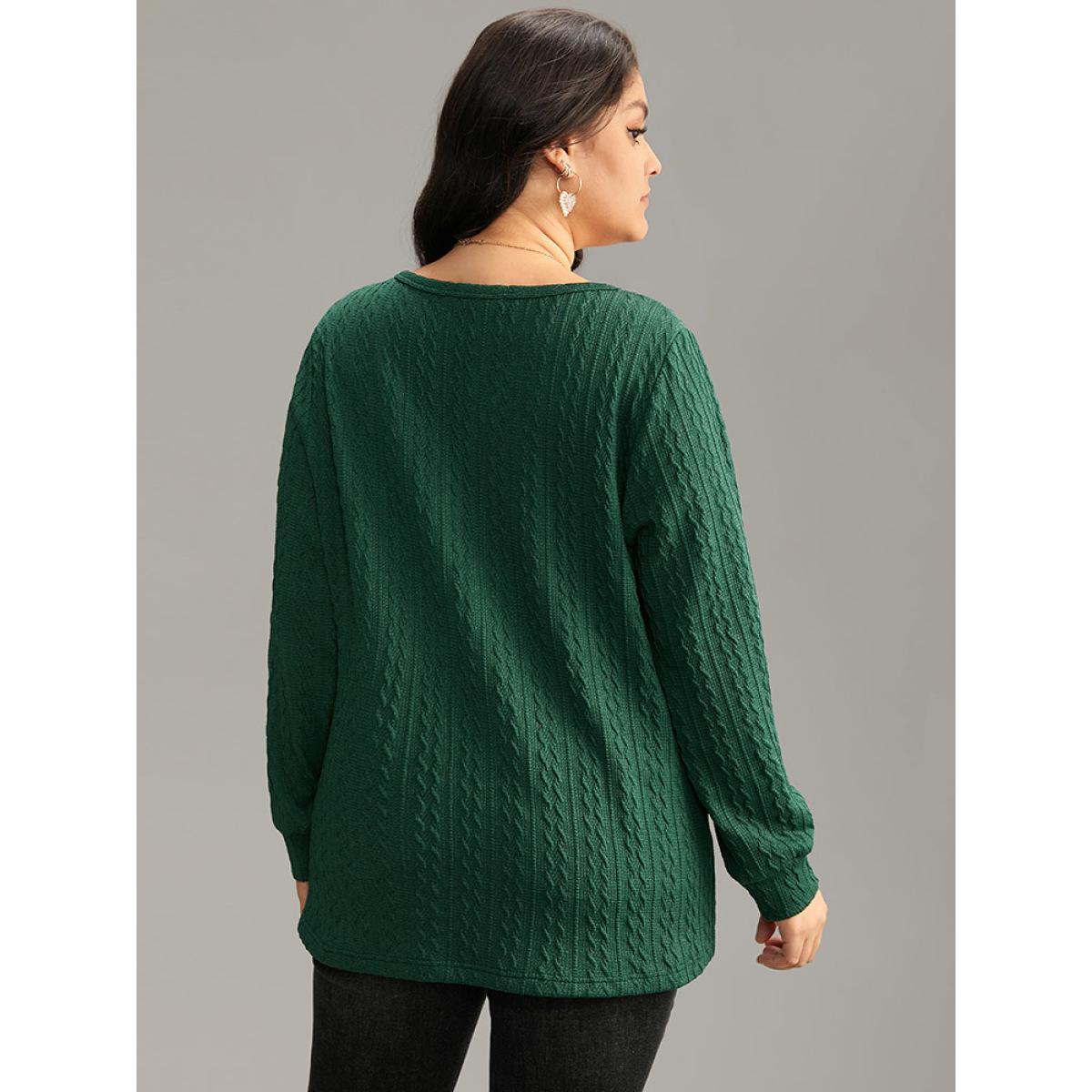 Plus Size Textured Plain Button Up V Neck Sweatshirt Women Green Casual Texture V-neck Dailywear Sweatshirts BloomChic 26/4X Product Image