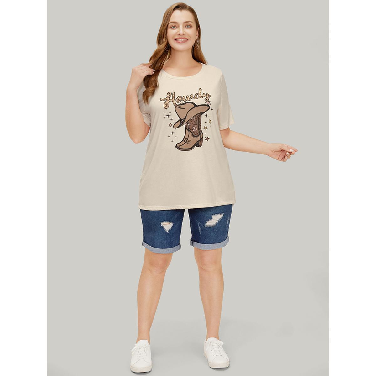 Plus Size Boots & Hat Print Drop Shoulder Graphic T-shirt Apricot Women Casual Western Dailywear T-shirts BloomChic 22-24/3X Product Image