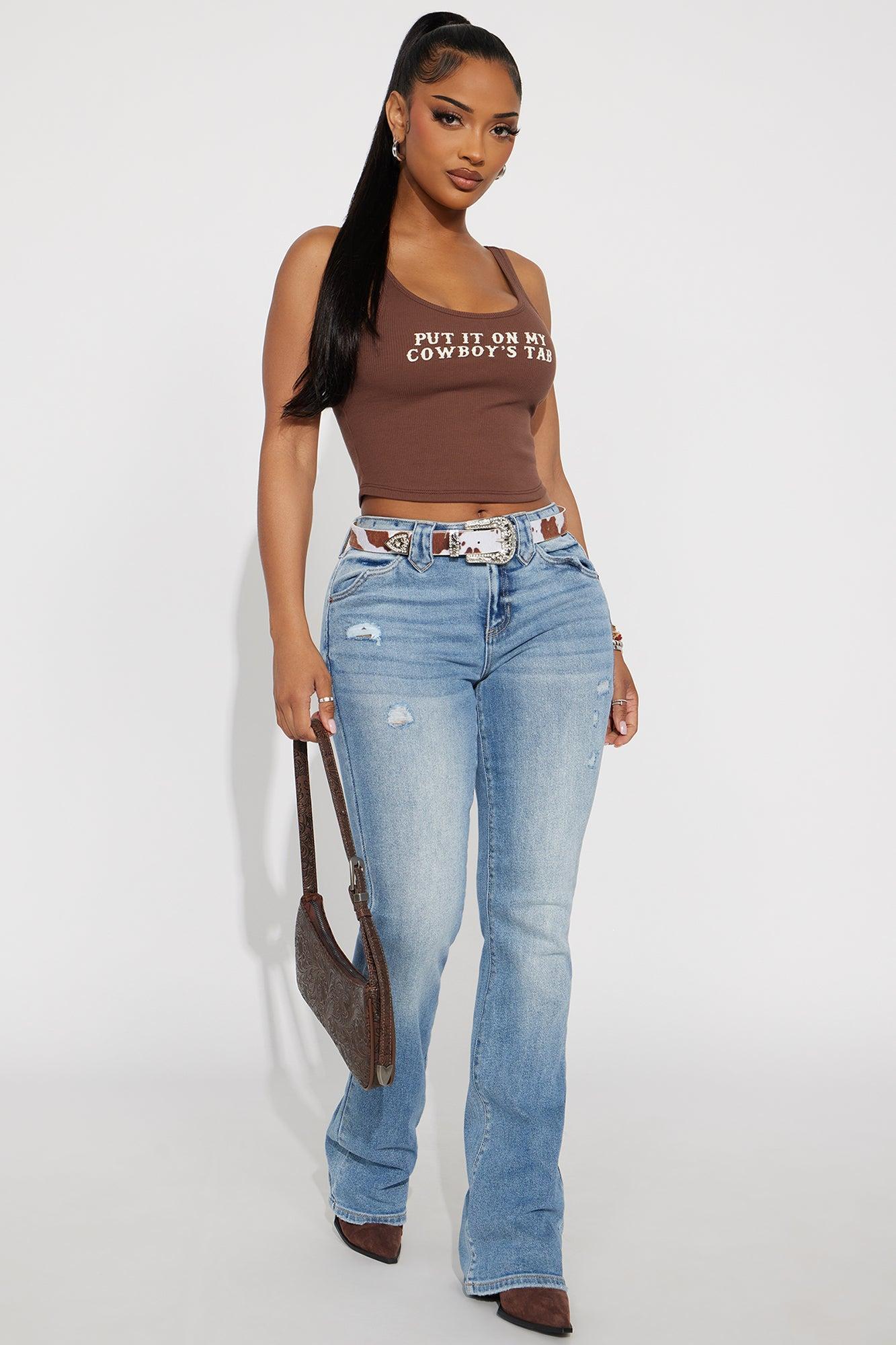 Put It On My Cowboy's Tab Ribbed Tank Top - Chocolate/Combo Female Product Image