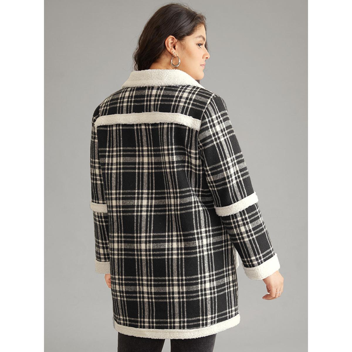 Plus Size Lapel Collar Plaid Pocket Fuzzy Trim Coat Women Black Casual Lined Ladies Dailywear Winter Coats BloomChic 12/L Product Image