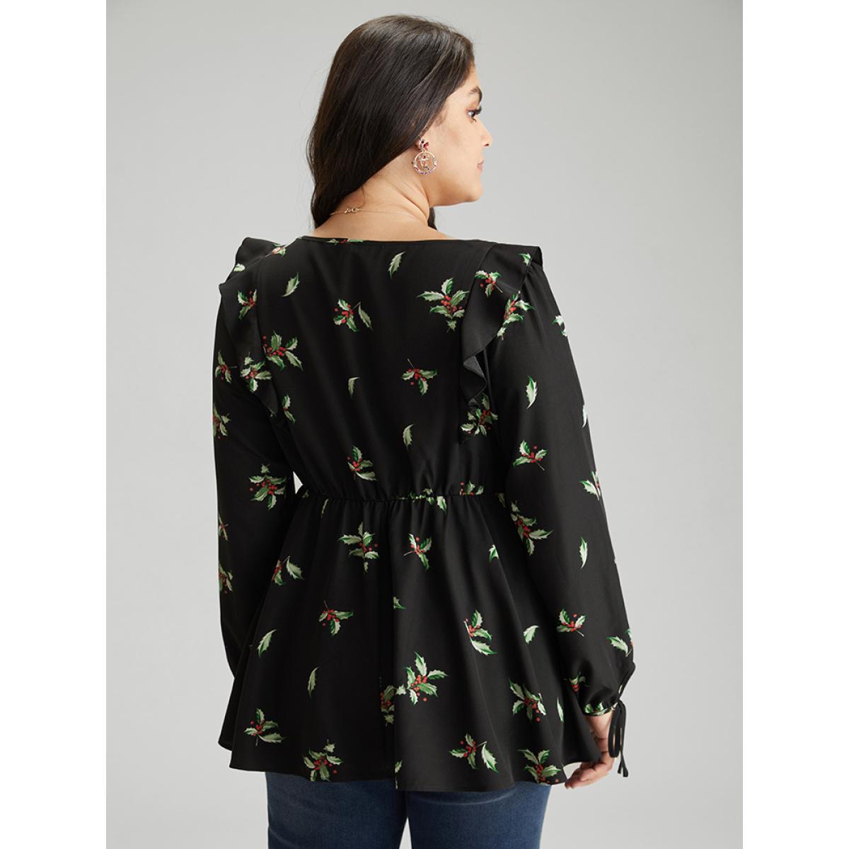 Plus Size Black Christmas Ruffles Elastic Waist Ties Lantern Sleeve Blouse Women Elegant Long Sleeve Round Neck Festival-Christmas Blouses BloomChic 14-16/1X Product Image
