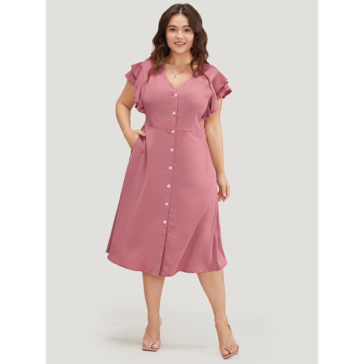 Plus Size Plain Ruffle Sleeve Pocket Tiered Button Up Dress Rouge Women Elegant Button V-neck Short sleeve Curvy Midi Dress BloomChic 12/L Product Image