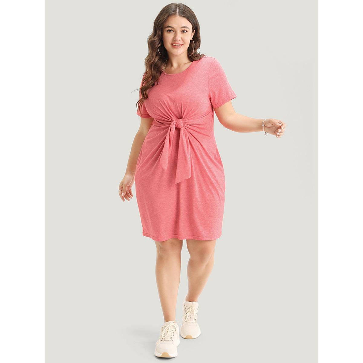 Plus Size Solid Round Neck Pocket Knot Front Knee Dress Watermelon Women Casual Plain Round Neck Short sleeve Curvy Knee Dress BloomChic 18-20/2X Product Image