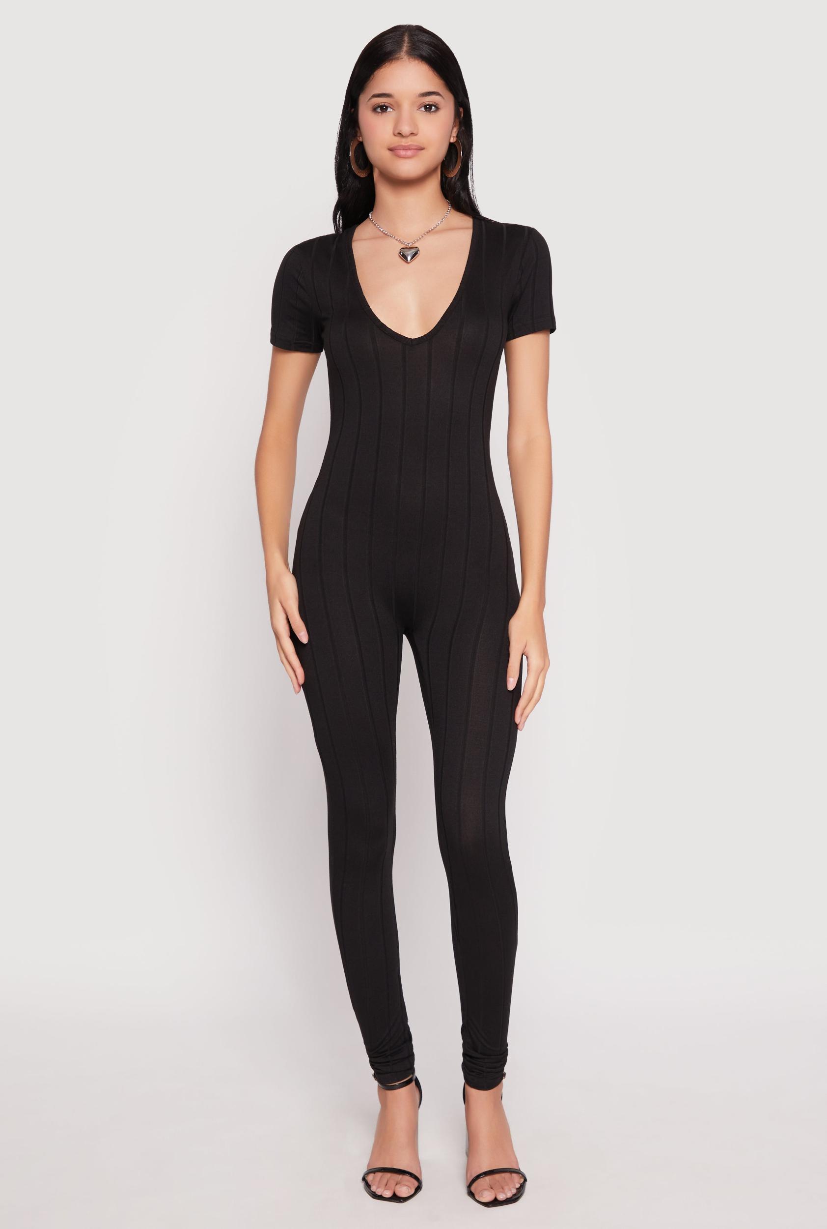 Womens Ribbed Knit Short Sleeve V Neck Jumpsuit Product Image
