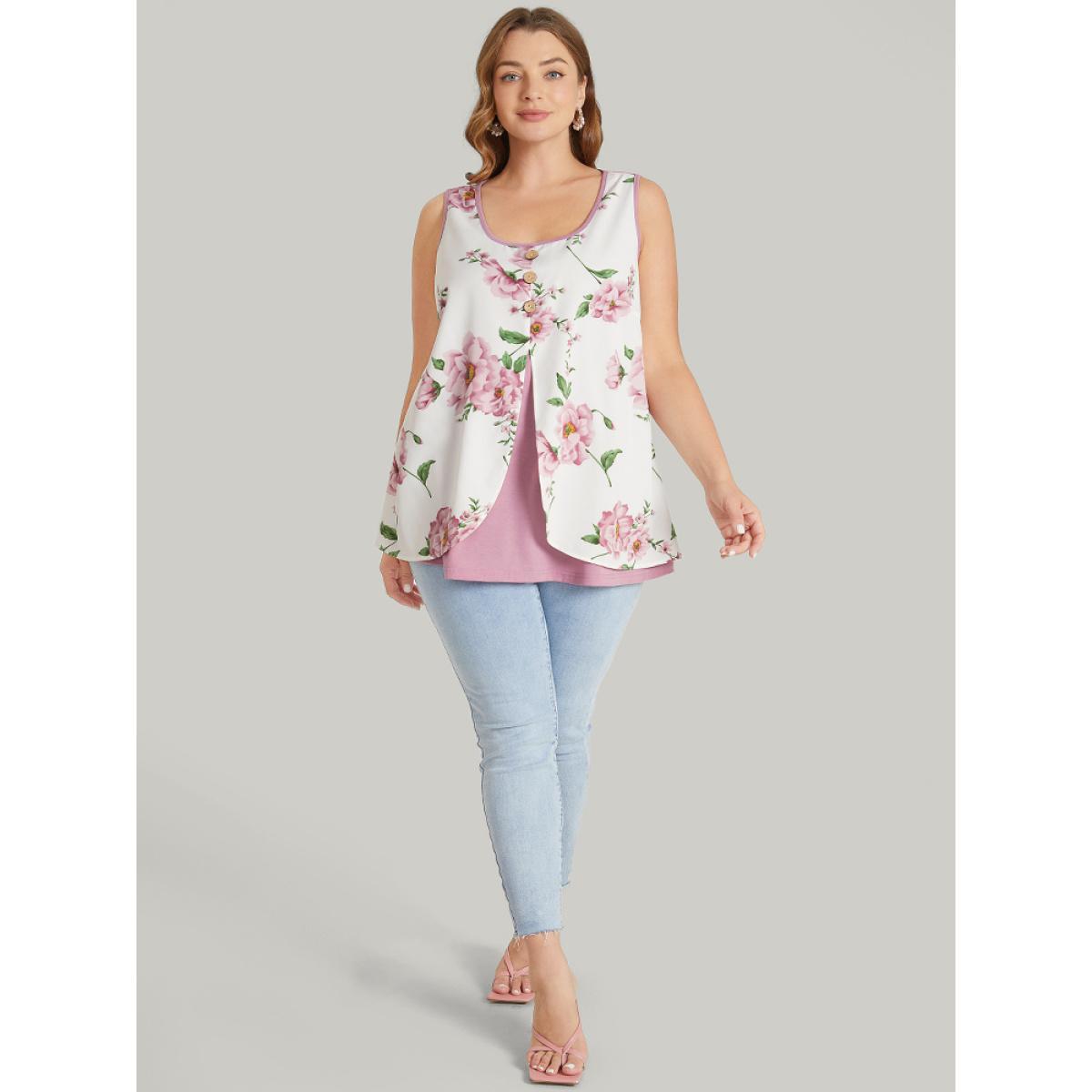 Plus Size Floral Split Front Button Detail 2-In-1 Tank Top Women Rouge Elegant Button Round Neck Dailywear Tank Tops Camis BloomChic 28/5X Product Image