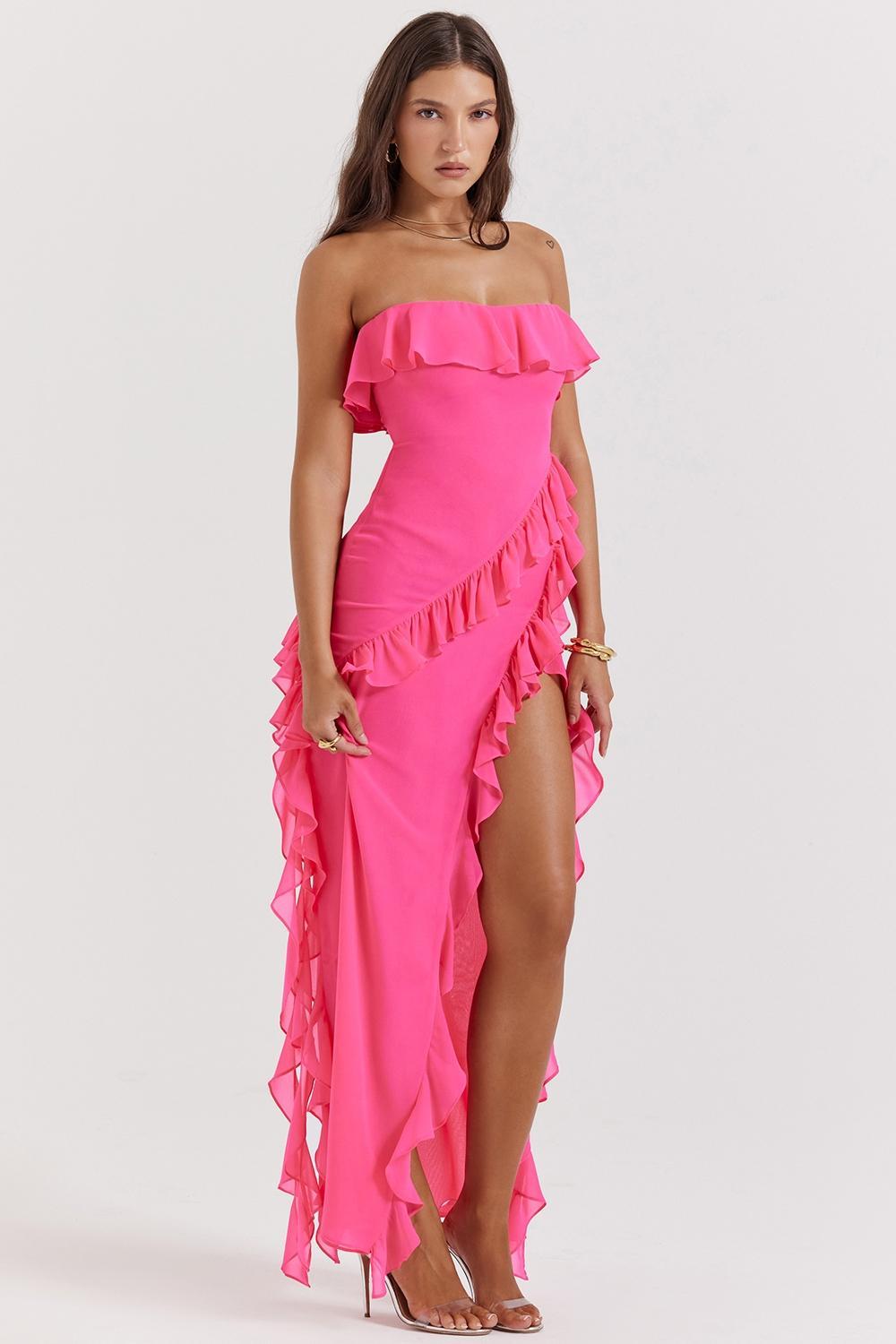 Sarina  fuchsia ruffle maxi dress Product Image