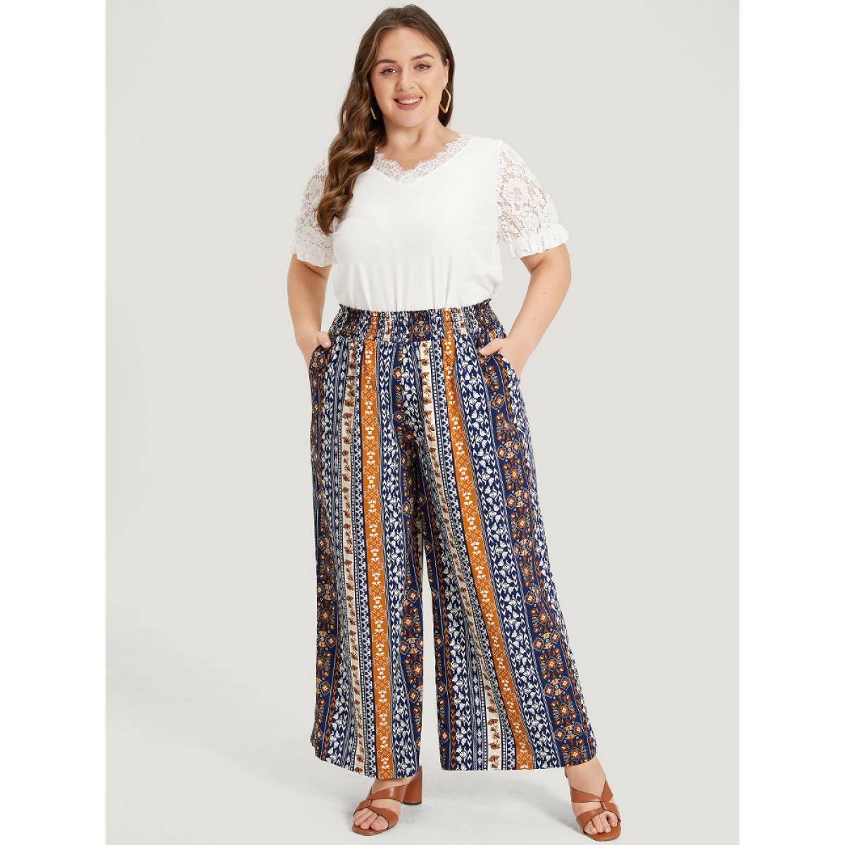 Plus Size Boho Print Shirred Pocket Elastic Waist Pants Women Indigo Resort Wide Leg High Rise Vacation Pants BloomChic 12/L Product Image