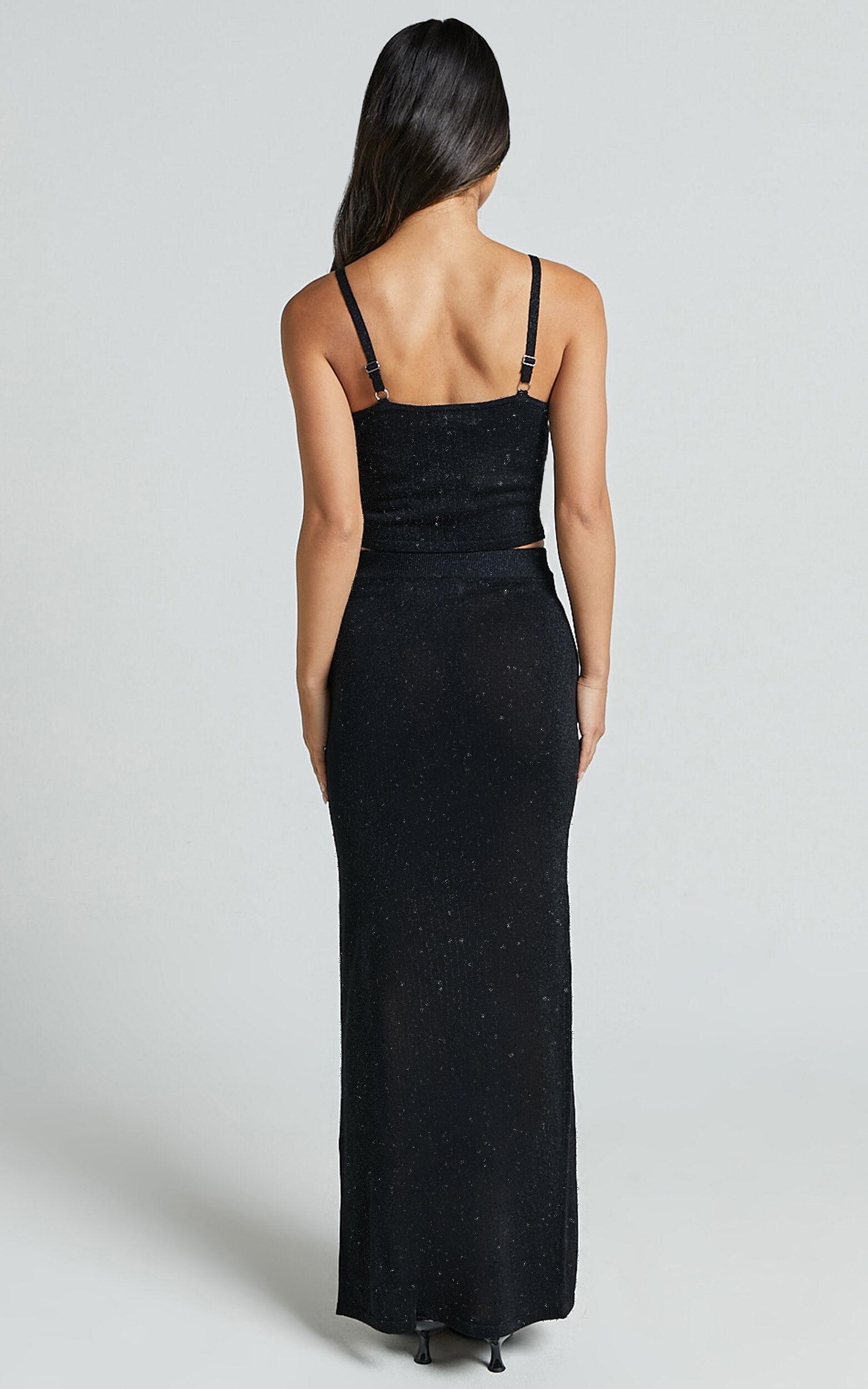 Irina Two Piece Set - Glitter Knit Cami Top and Midi Skirt in Black Product Image