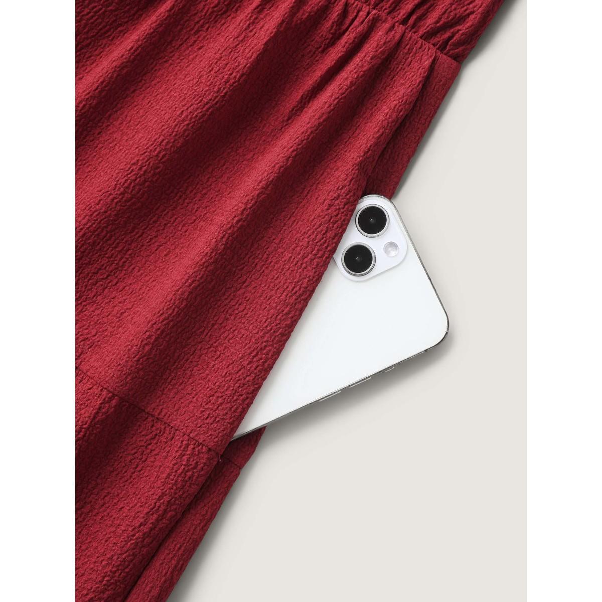 Plus Size Stretchy Waist Tiered Solid Midi Dress Burgundy Women Heart neckline Cap Sleeve Curvy BloomChic 26/4X Product Image