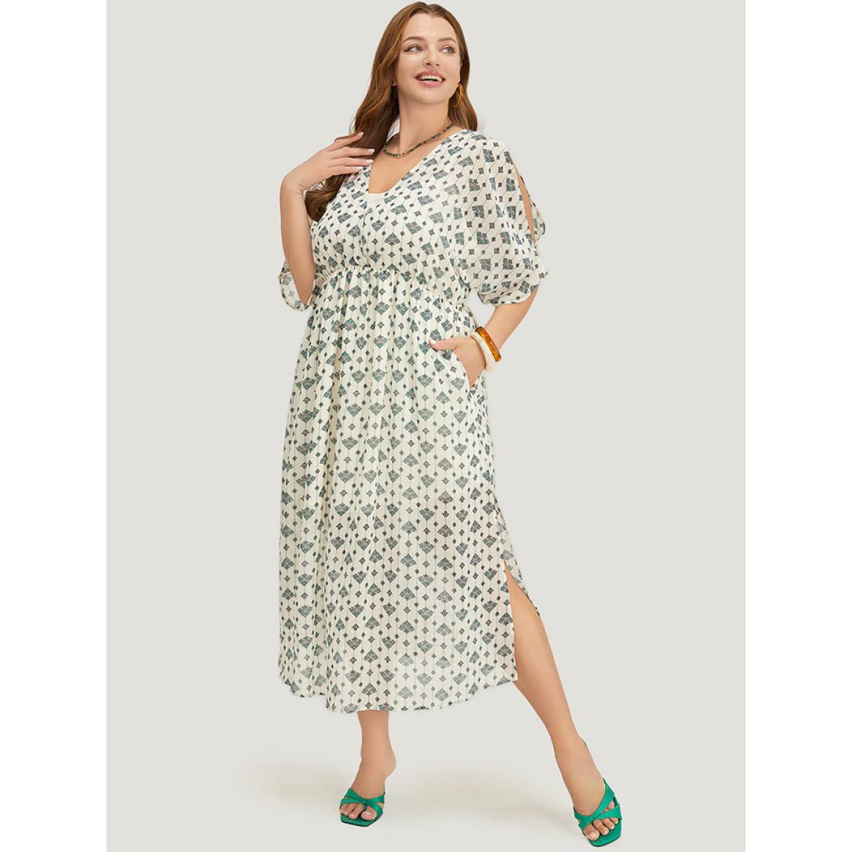 Plus Size Bandana Dolman Sleeve Pocket Cold Shoulder Split Dress Ivory Women Vacation Stand-up collar Half Sleeve Curvy Midi Dress BloomChic 14-16/1X Product Image