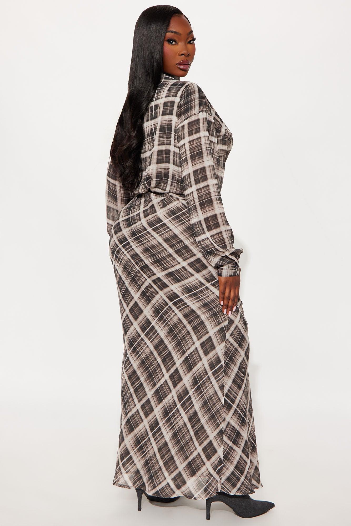Anastasia Plaid Chiffon Maxi Shirt Dress - Brown Combo Product Image