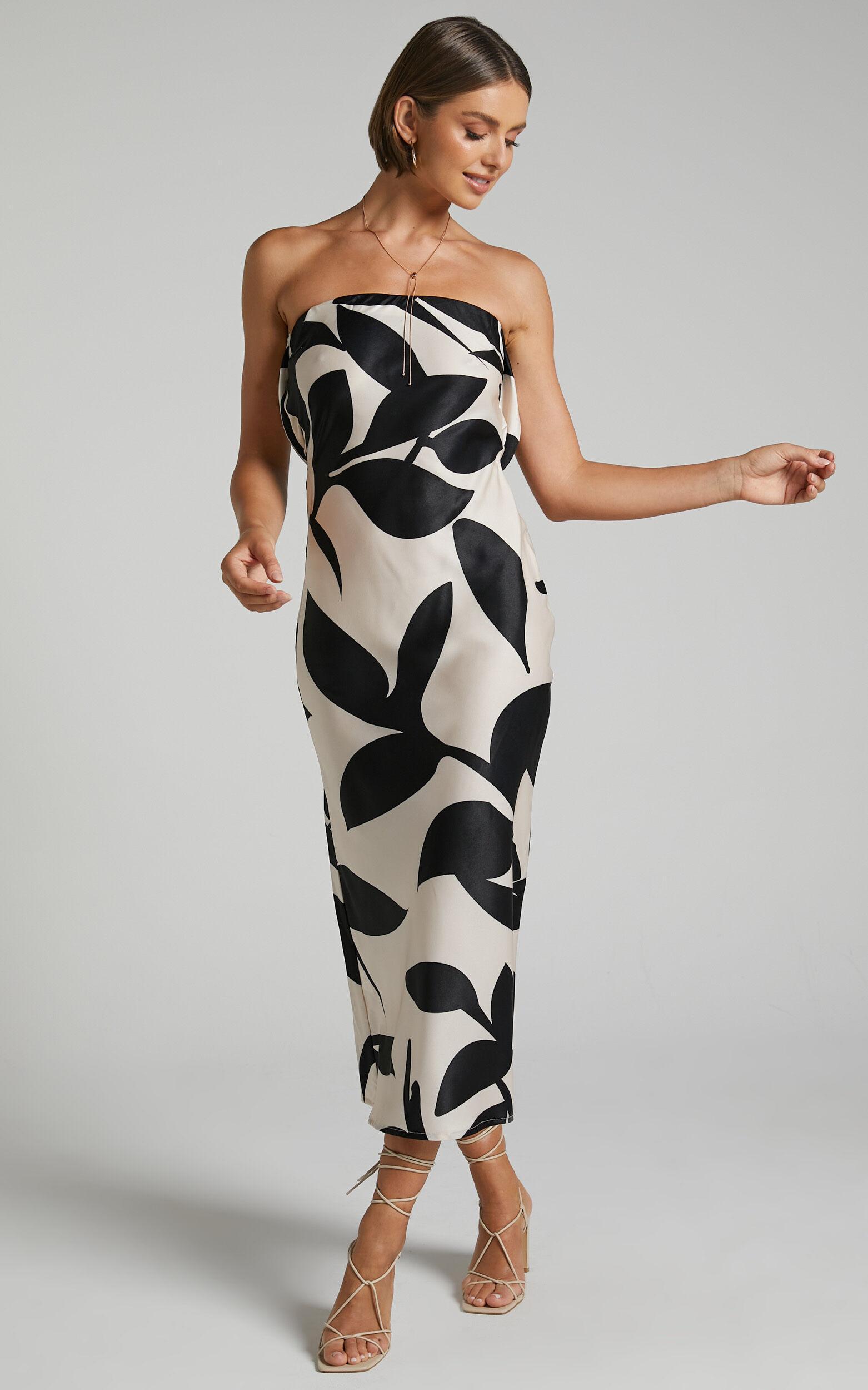Madelyn Midi Dress - Strapless Palm Print Satin Dress in Cream and Black Shadow Print Product Image