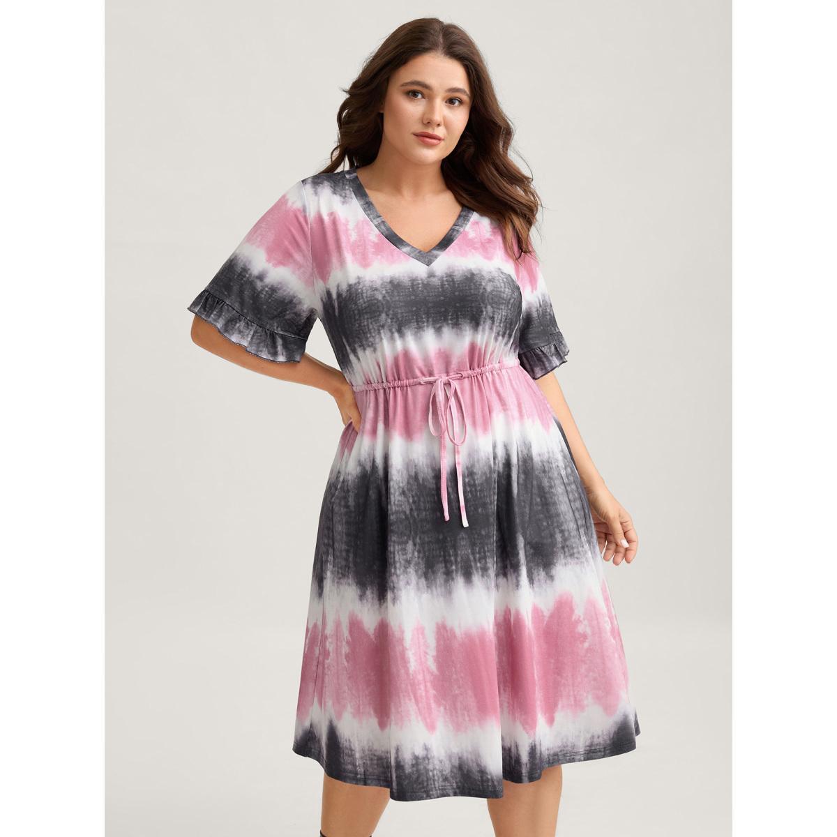 Plus Size Supersoft Tie-Dye Drawstring Midi Dress Multicolor Women V-neck Short sleeve Curvy BloomChic 26/4X Product Image