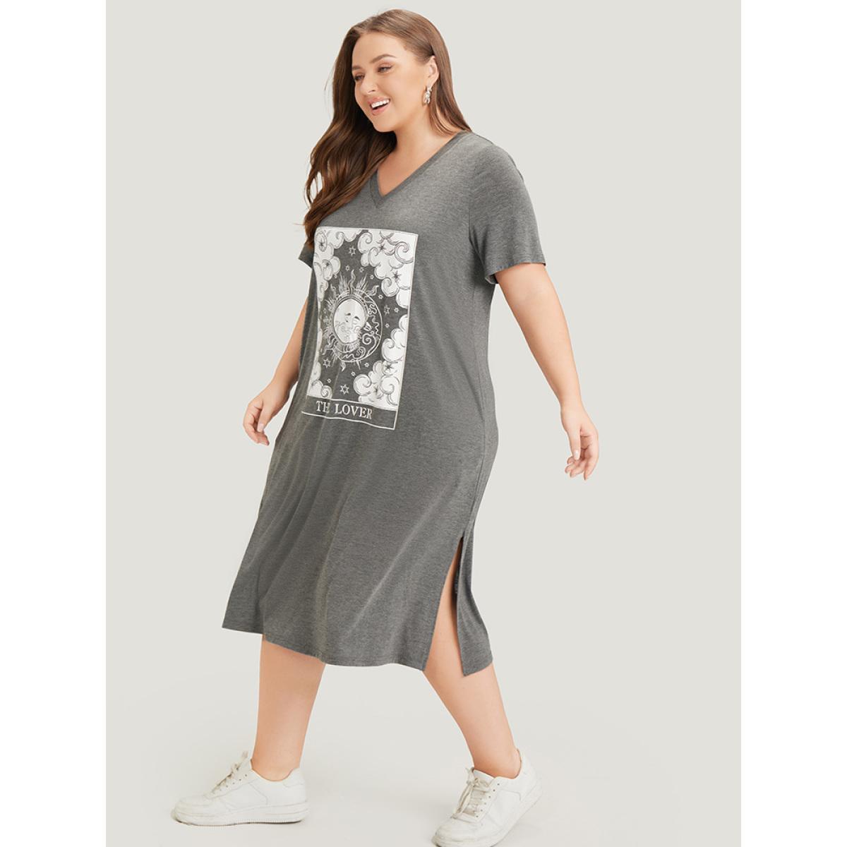 Plus Size Horoscope Print Pocket Split Dress Gray Women Casual Pocket Curvy Midi Dress BloomChic 30/6X Product Image