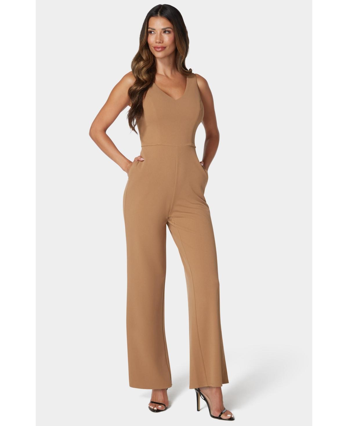 Women's bebe V-Neck Sleeveless Jumpsuit, Size: Large, Camel Product Image