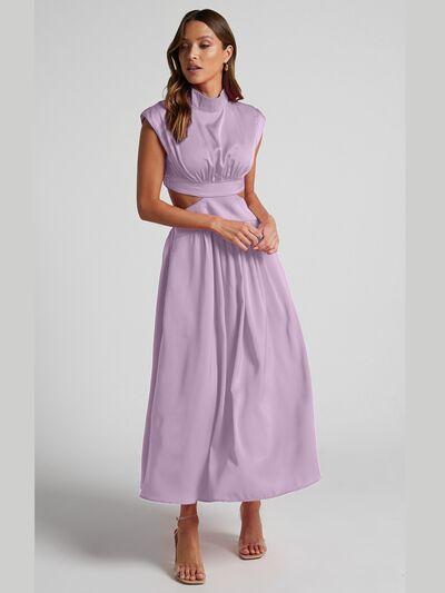 Cutout Mock Neck Sleeveless Ruched Dress Product Image