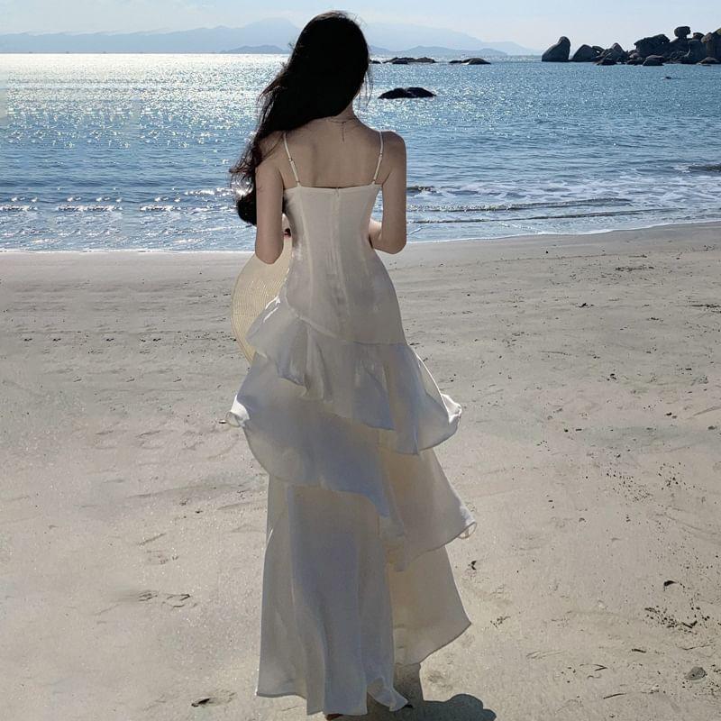 Spaghetti Strap Plain Ruched Asymmetrical Tiered Maxi A-Line Dress Product Image