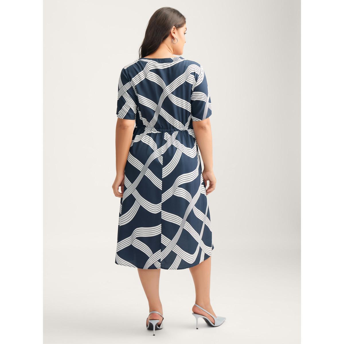 Plus Size Rayon Geometric Print Waist-Tie Midi Dress Indigo Women Flat collar with V-notch Short sleeve Curvy BloomChic 18-20/2X Product Image