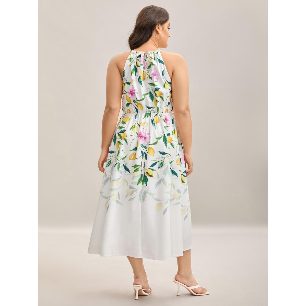 Plus Size Large Floral Pattern Pleated Waist Midi Dress WhiteSmoke Women Halter neck Sleeveless Curvy BloomChic 12/L Product Image
