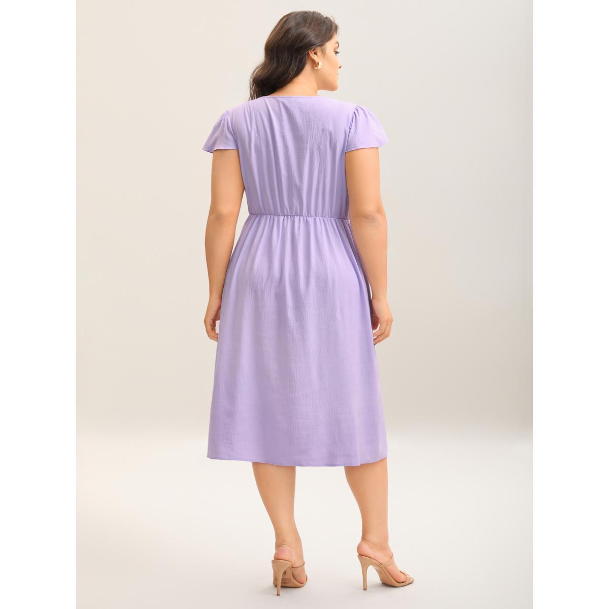 Plus Size Lace Trim Flutter Sleeve Midi Dress Lavender Women V-neck Cap Sleeve Curvy BloomChic 10/M Product Image