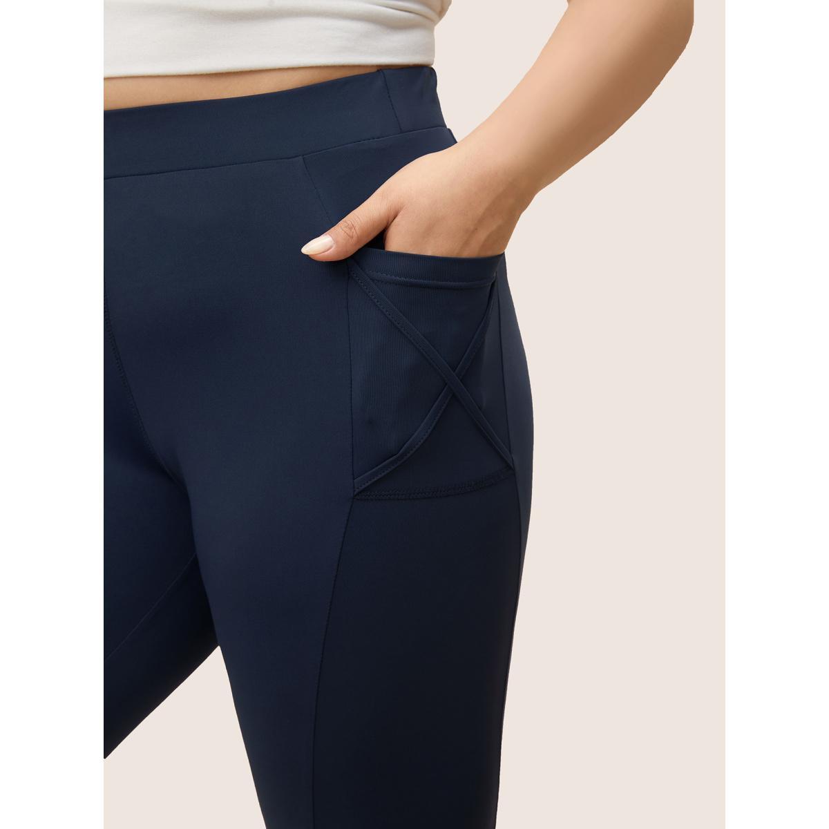 Plus Size Plain Elastic Waist Crisscross Pocket Leggings Women Midnight Casual High stretch Skinny High Rise Everyday Leggings BloomChic 18-20/2X Product Image