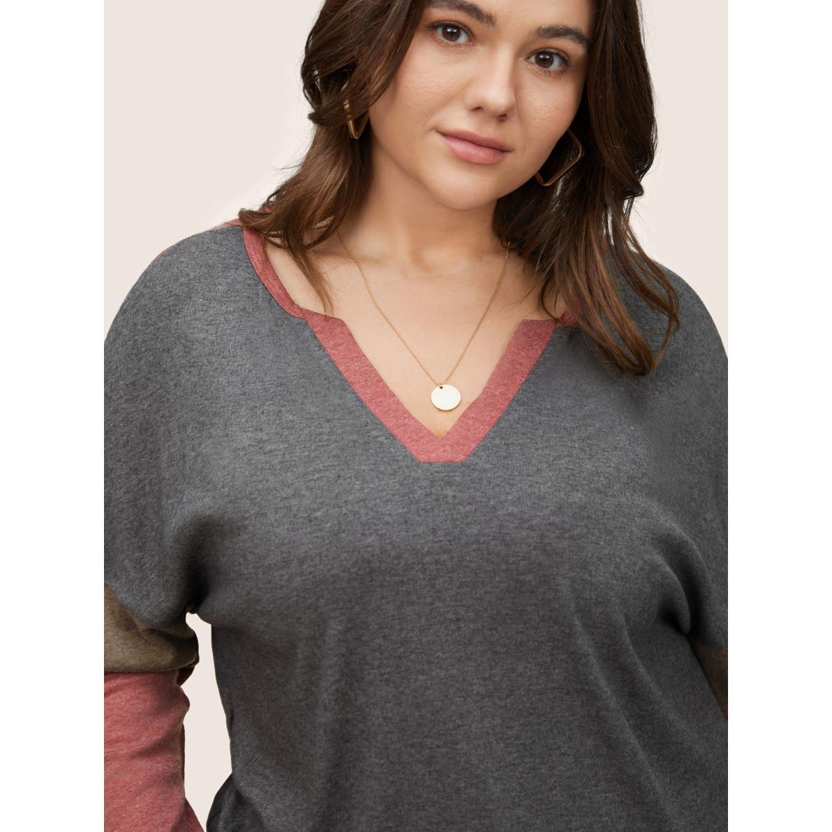 Plus Size Colorblock Patchwork Batwing Sleeve Notched T-shirt Gray Women Casual Contrast Plain Notched collar Everyday T-shirts BloomChic 12/L Product Image