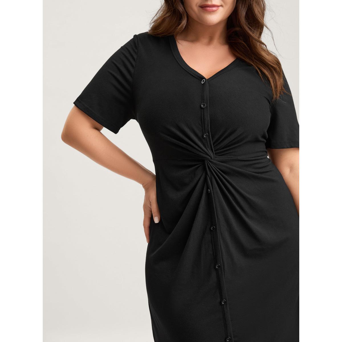 Plus Size Twist Front Button Slit Midi Dress Black Women V-neck Short sleeve Curvy BloomChic 14-16/1X Product Image