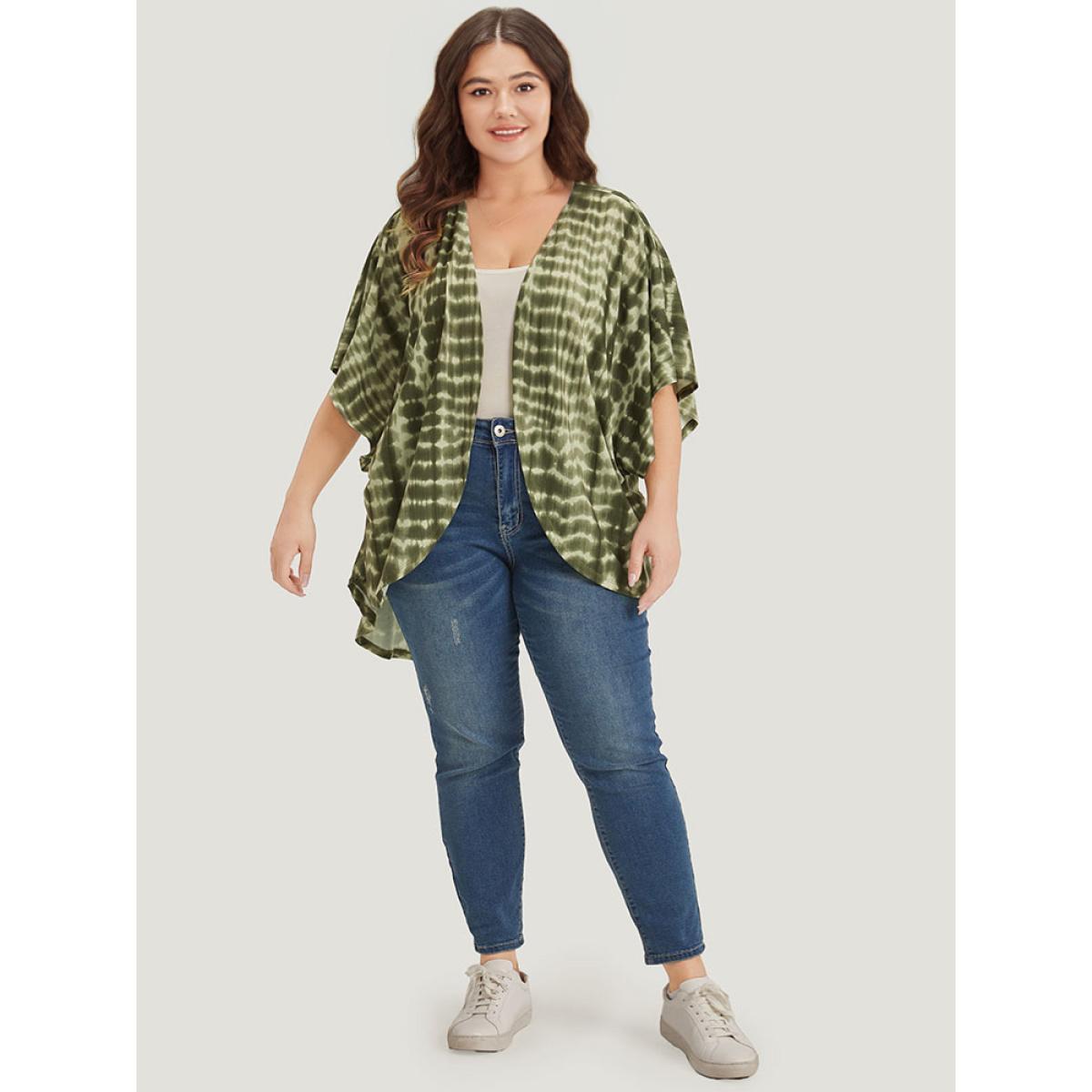 Plus Size Tie Dye Ruffle Sleeve Asymmetrical Hem Kimono Women ArmyGreen Casual Tie Dye Loose Dailywear Kimonos BloomChic 14-16/1X Product Image