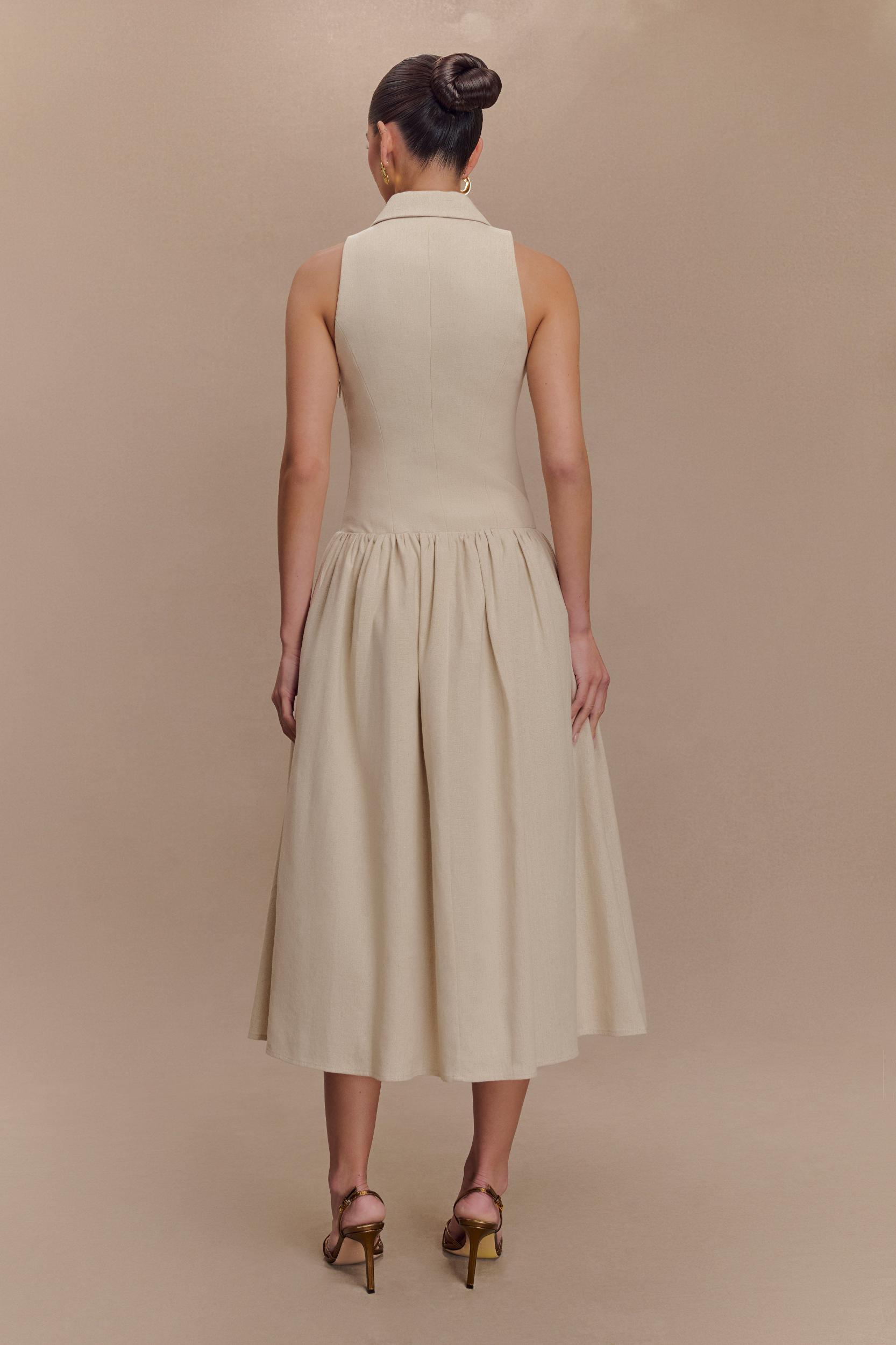 Valery Linen Midi Collar Dress - Natural Product Image