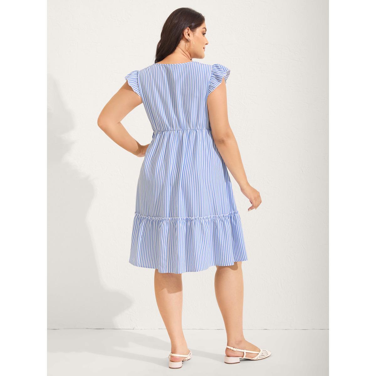 Plus Size Floral Embroidery Stripes Flutter Midi Dress LightBlue Women Notched collar Cap Sleeve Curvy BloomChic 30/6X Product Image