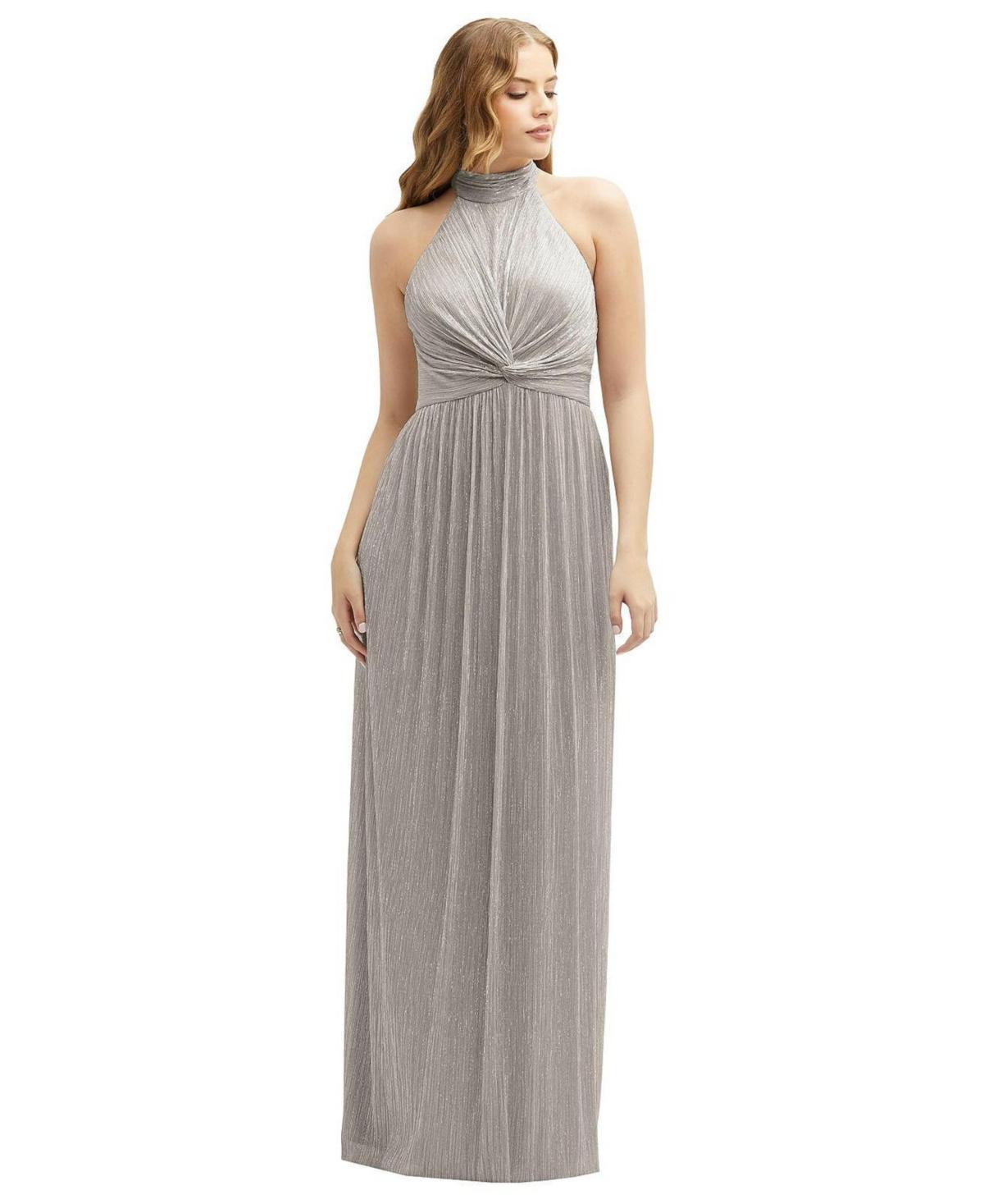 After Six Womens Band Collar Halter Open-Back Metallic Pleated Maxi Dress Product Image
