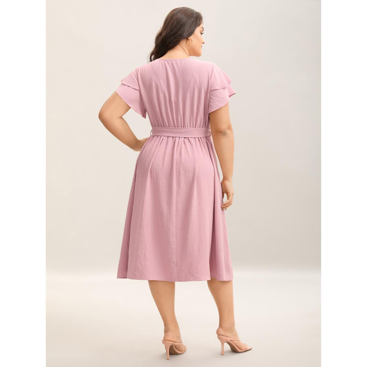 Plus Size Layered Ruffled Sleeve Fake Placket Midi Dress Blush Women V-neck Cap Sleeve Curvy BloomChic 30/6X Product Image