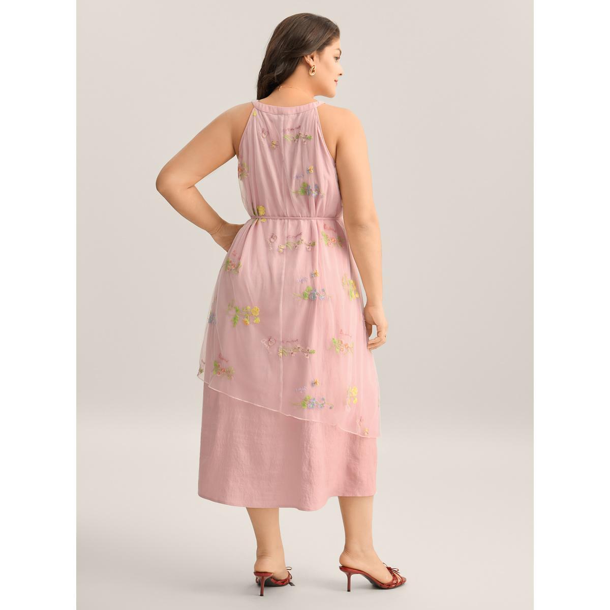 Plus Size Embroidered Mesh Halter Neck Midi Dress MistyRose Women Round Neck Sleeveless Curvy BloomChic 14-16/1X Product Image