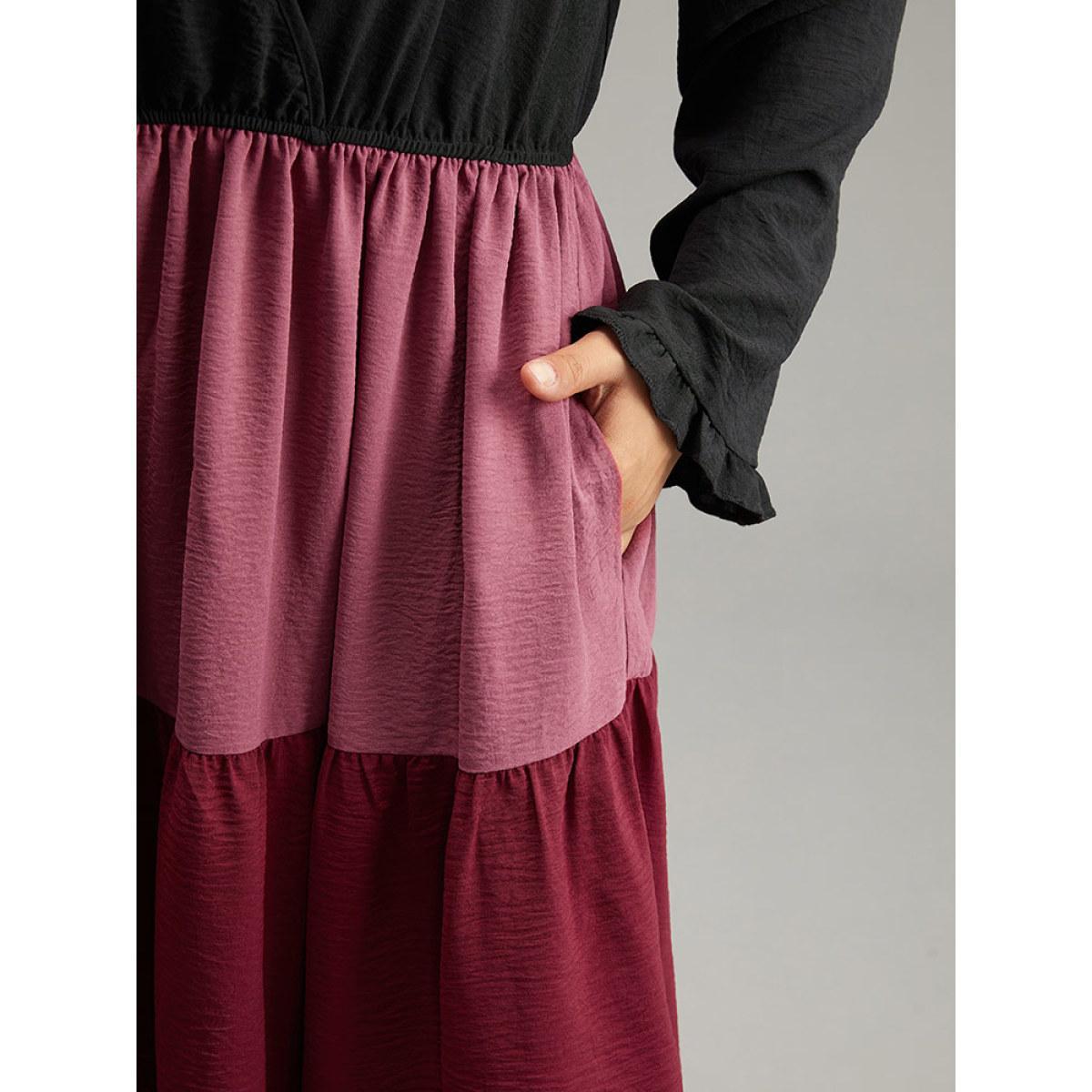 Plus Size Colorblock Contrast Ruffle Layered Hem Dress Black Women Casual Gathered V-neck Long Sleeve Curvy Midi Dress BloomChic 22-24/3X Product Image