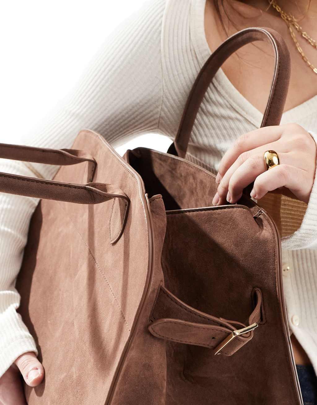 Glamorous faux suede handheld large tote bag in brown Product Image