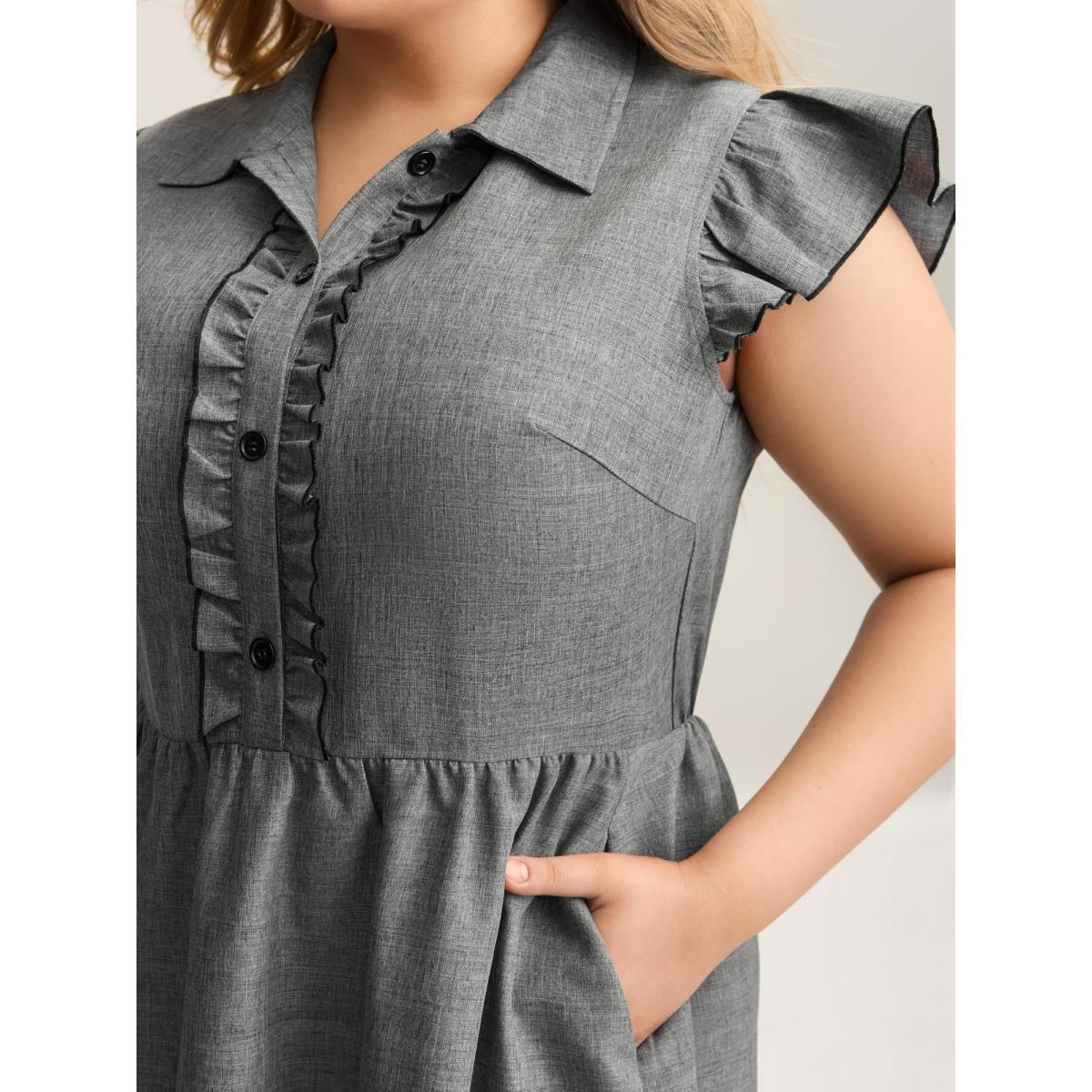 Plus Size Ruffled Trim Shirt Collar Flared Midi Dress DarkGray Women At the Office Frill Trim Shirt collar Cap Sleeve Curvy BloomChic 28/5X Product Image