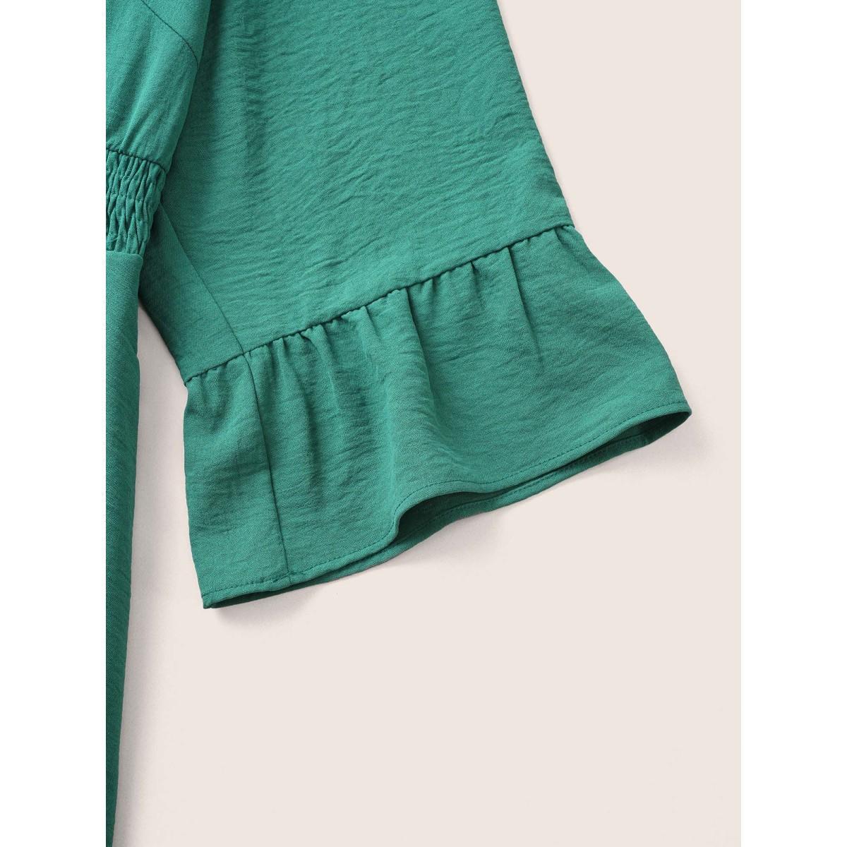 Plus Size Plain Shirred Flutter Layered Hem Dress Emerald Women Elegant Non V-neck Elbow-length sleeve Curvy Midi Dress BloomChic 10/M Product Image