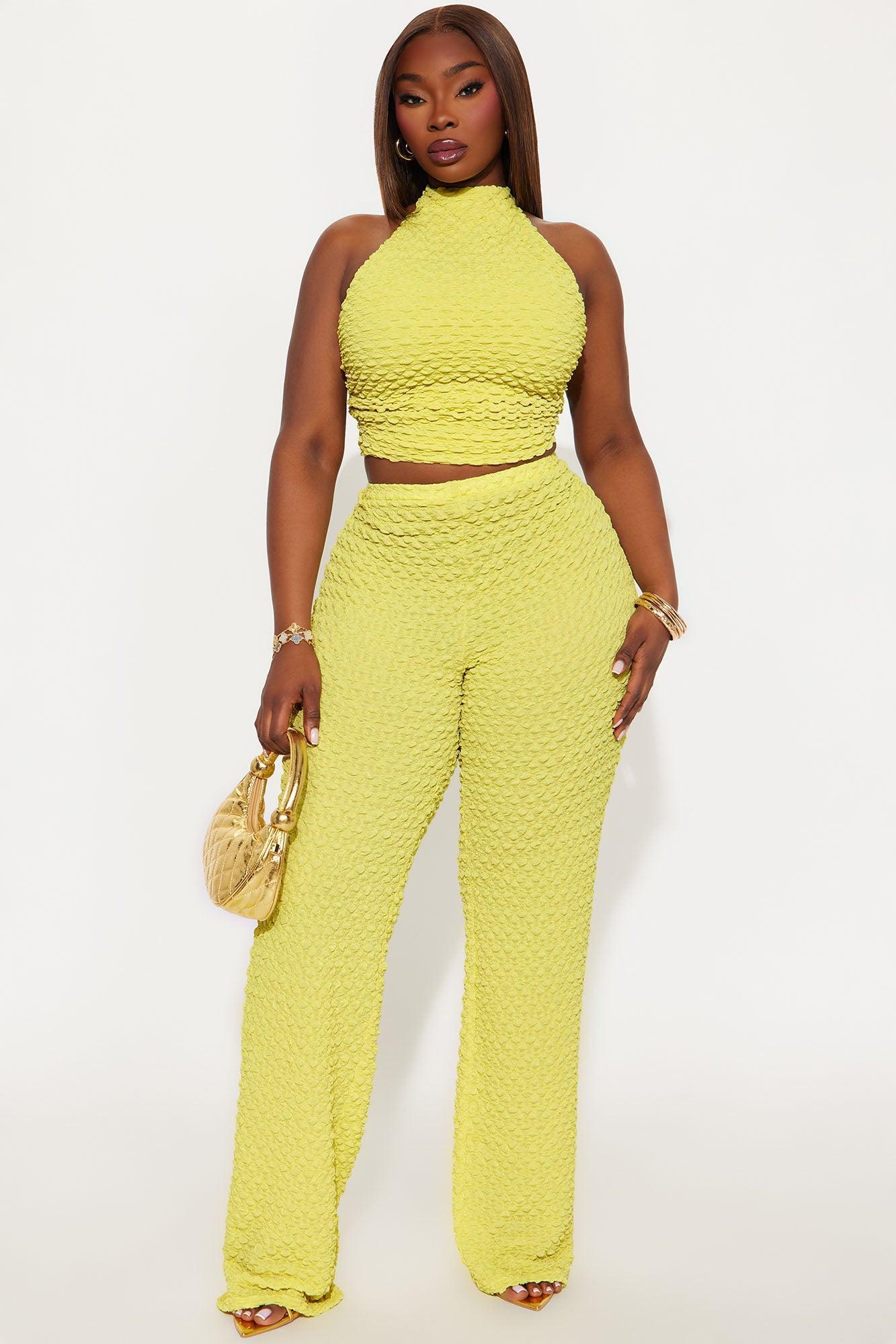 Alana Textured Halter Pant Set - Chartreuse Product Image