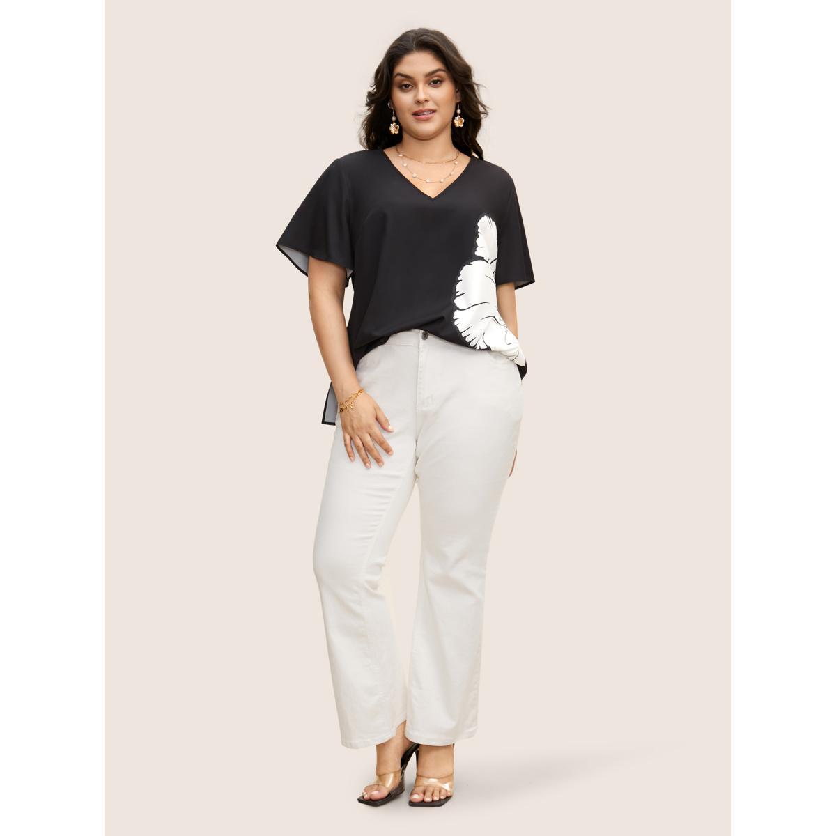Plus Size Black Carnation Print Contrast Ruffle Sleeve Blouse Women Elegant Short sleeve V-neck Everyday Blouses BloomChic 12/L Product Image
