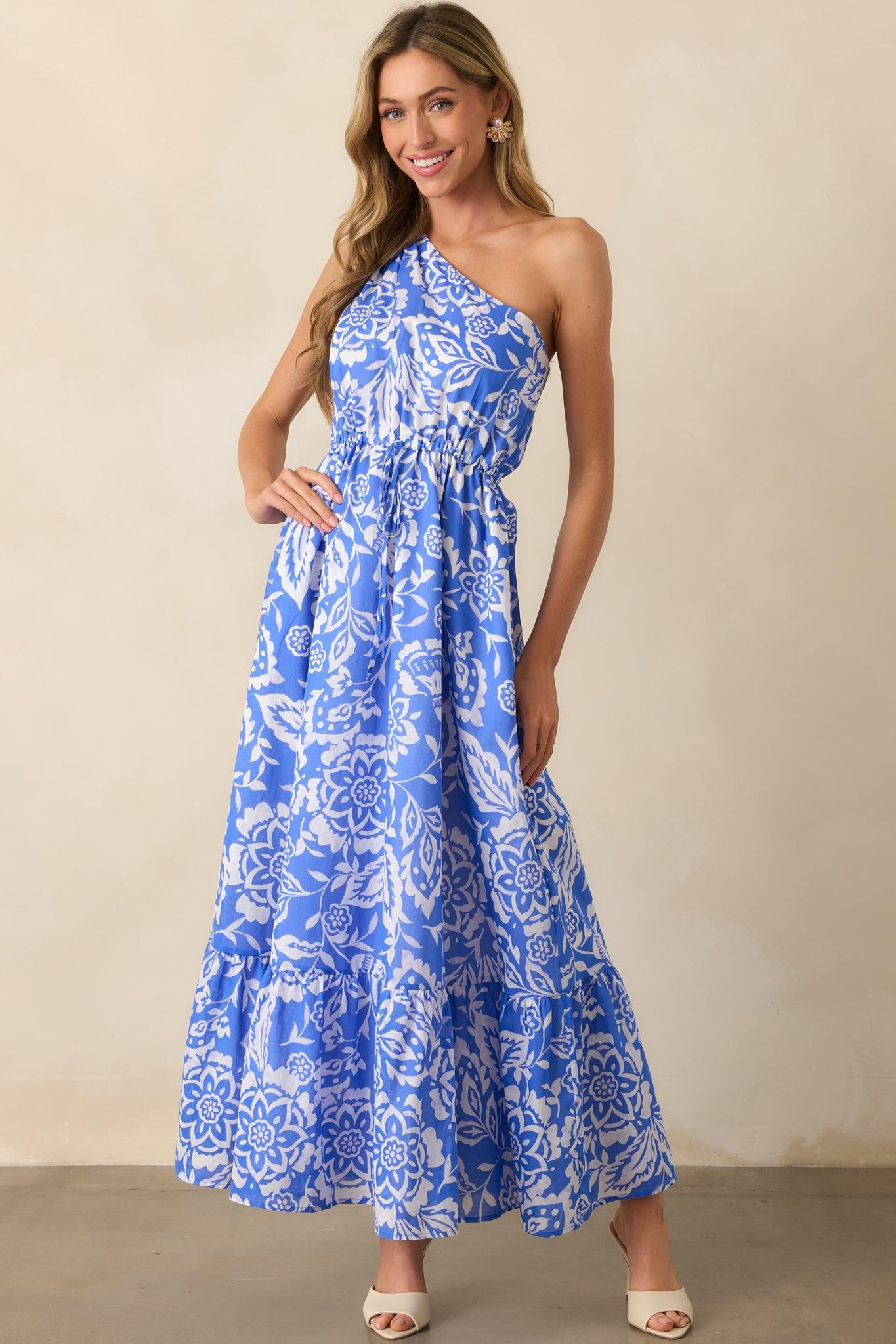 To Brighter Days Violet Blue Floral Cotton One Shoulder Maxi Dress Product Image
