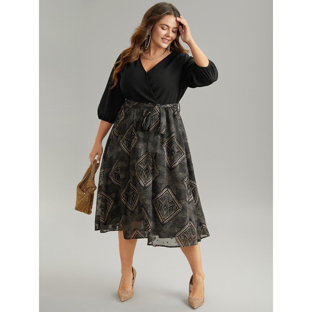Plus Size Chiffon Moroccan Print Glitter Belted Overlap Collar Dress Black Women Party Elastic cuffs Overlap Collar Elbow-length sleeve Curvy Midi Dress BloomChic 18-20/2X Product Image