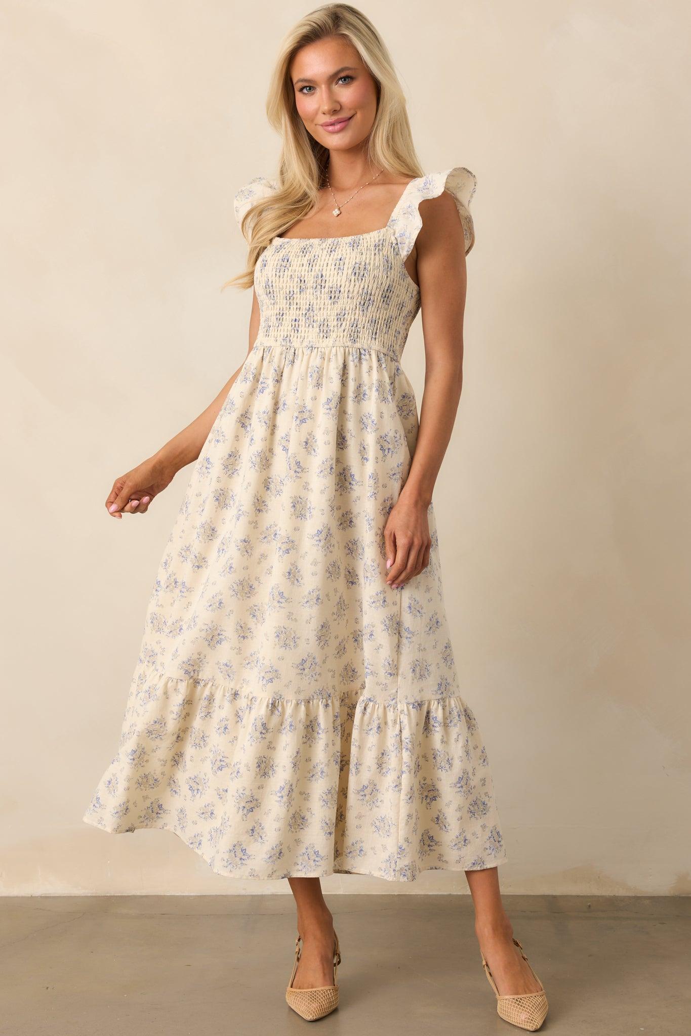Blooming Brunch Cotton Beige Floral Flutter Sleeve Maxi Dress Product Image