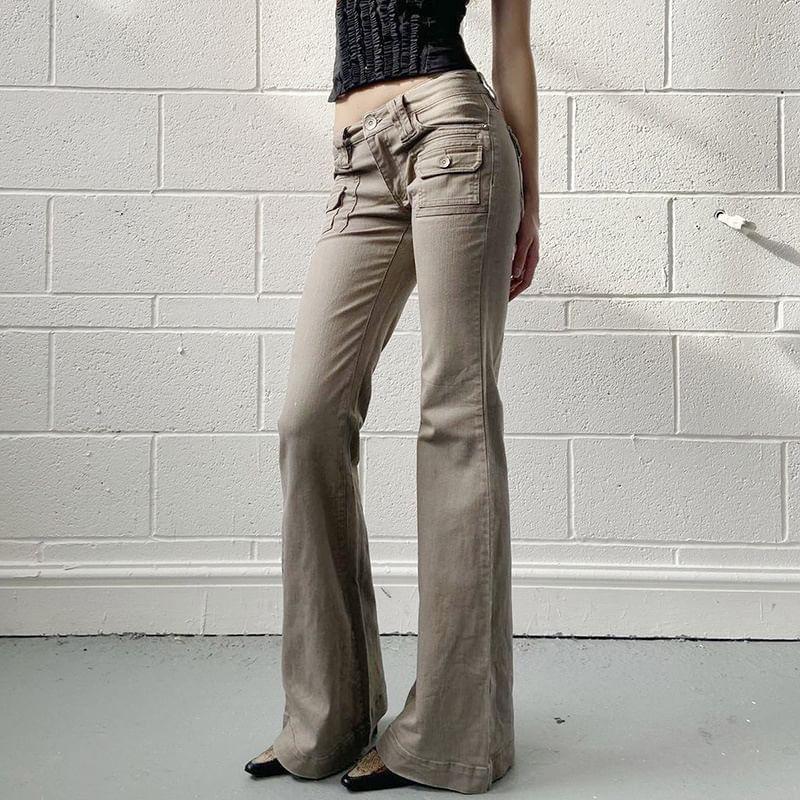 Low Waist Plain Pocket Slim-Fit Boot-Cut Cargo Pants Product Image