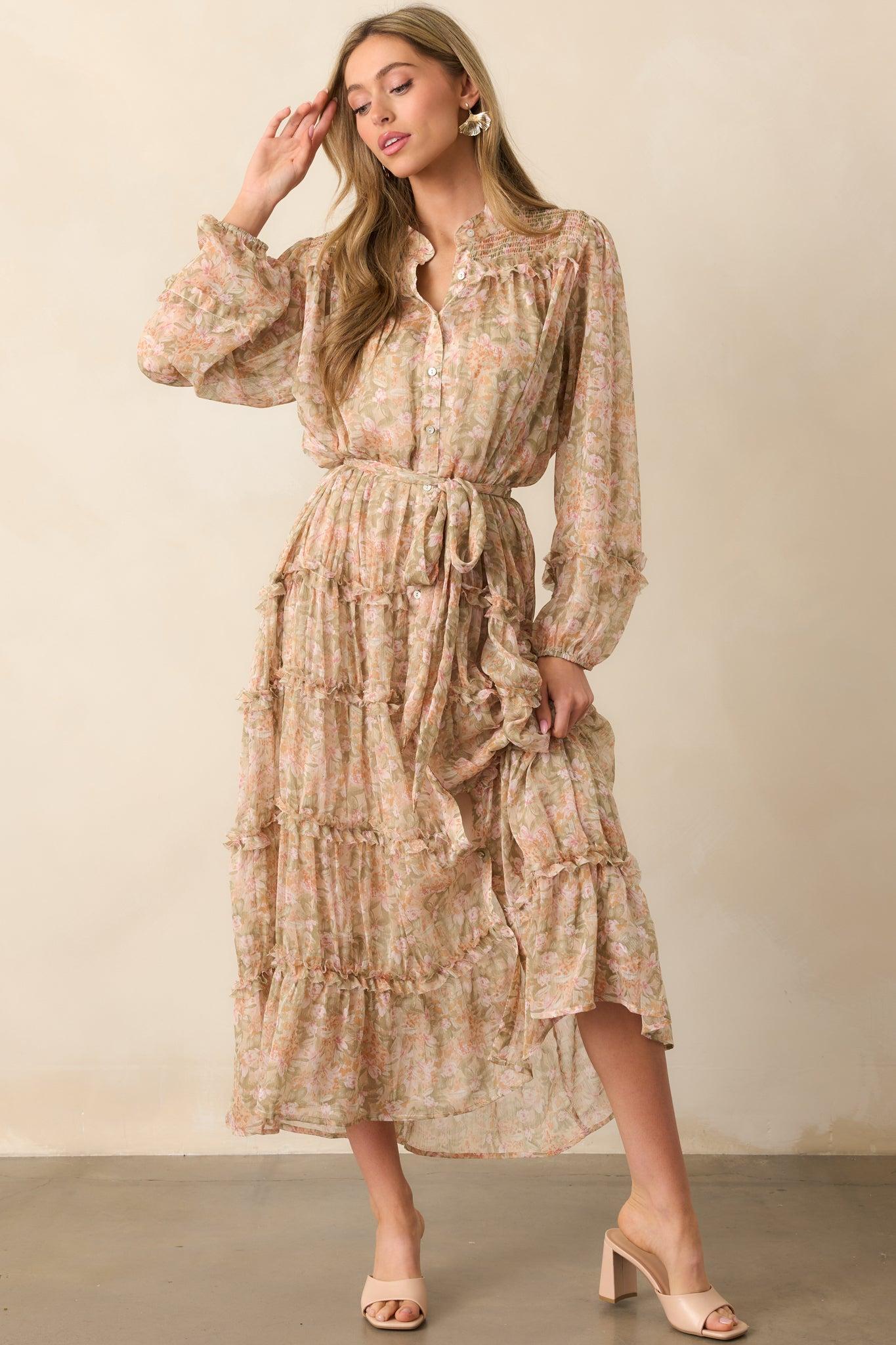 Whisper Of The Wind Blush Floral Long Sleeve Maxi Dress Product Image