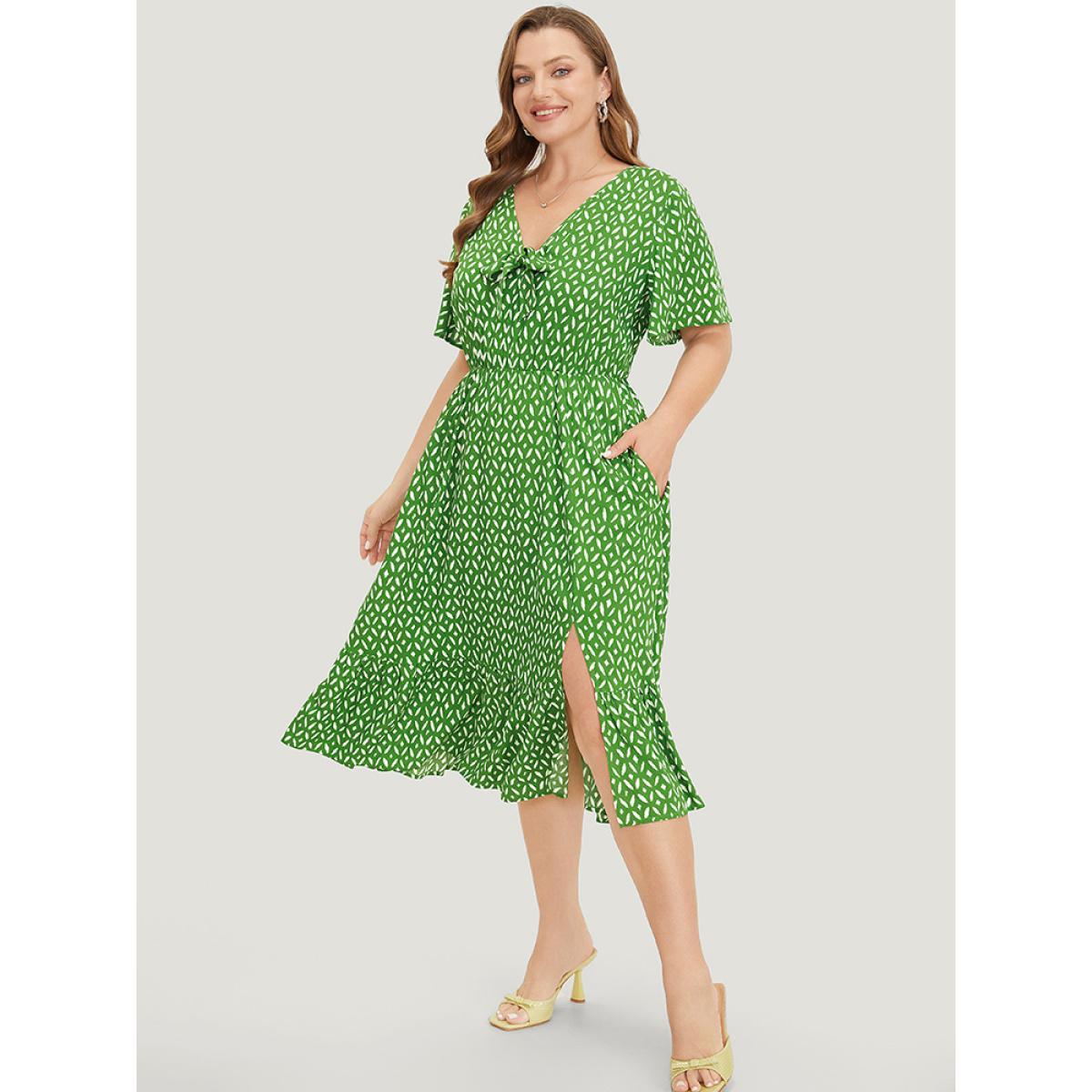 Plus Size Geometric Print Split Knot Reffles Elastic Waist Dress Green Women Elegant Knotted V-neck Short sleeve Curvy Midi Dress BloomChic 28/5X Product Image