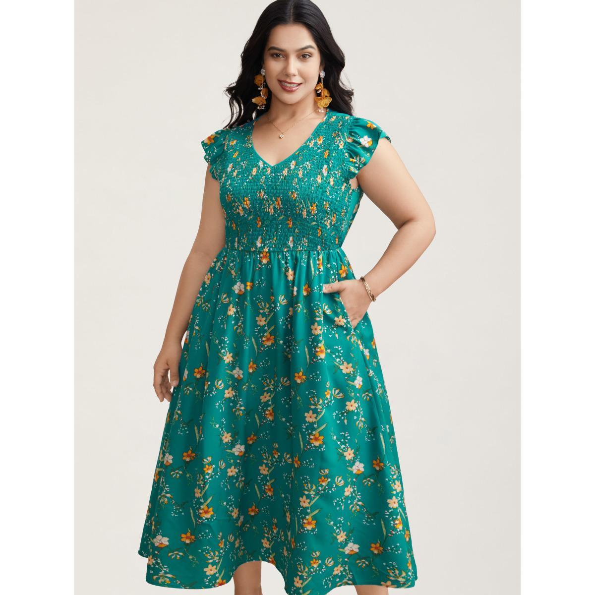 Plus Size Shirred Printed Flutter Sleeve Pockets Maxi Dress Teal Women Elegant Shirred V-neck Cap Sleeve Curvy BloomChic 18-20/2X Product Image